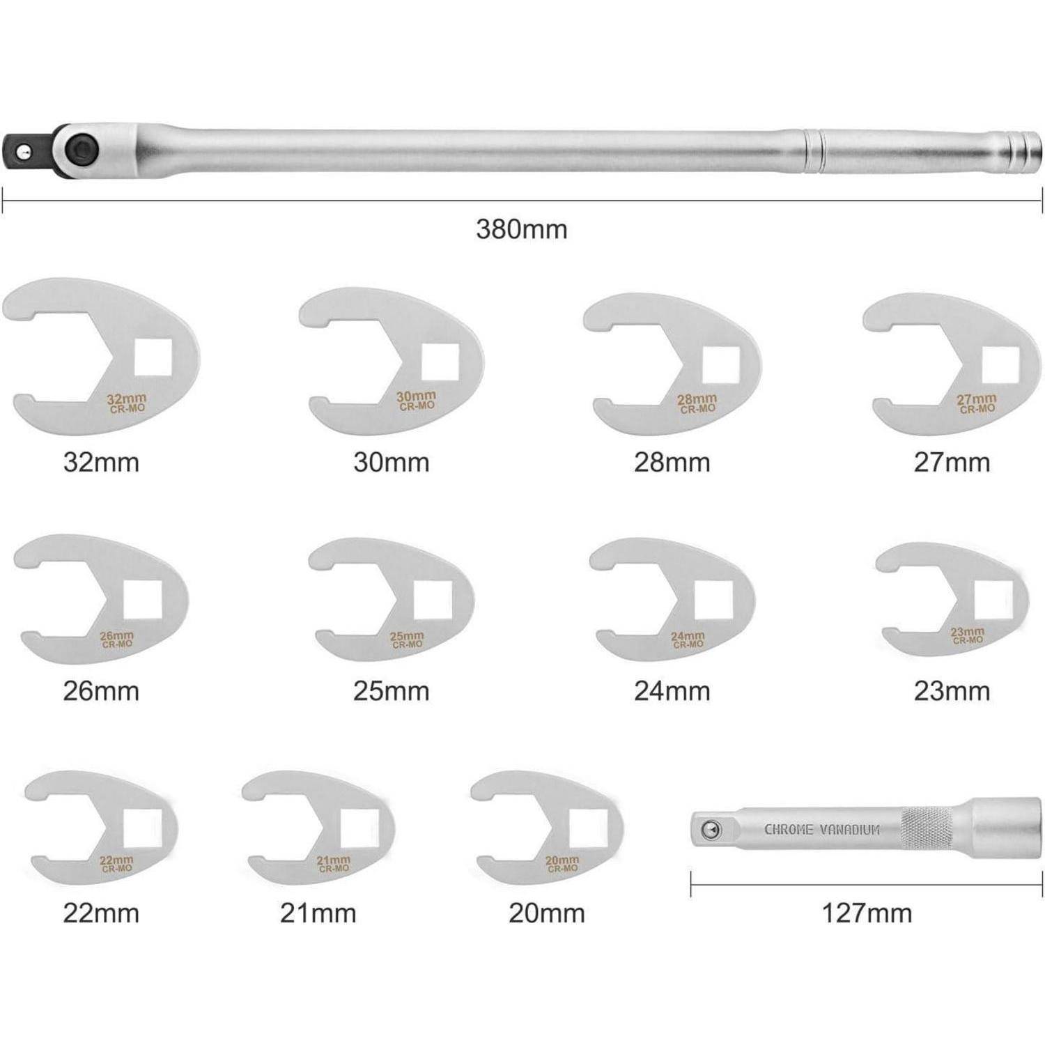 Der 'Drehmomentschlüssel-Satz' umfasst einen 380 mm langen Griff, eine 127 mm lange Verlängerung und Gabelschlüssel-Adapter in Größen von 21 mm bis 32 mm für vielseitige Anwendungen.