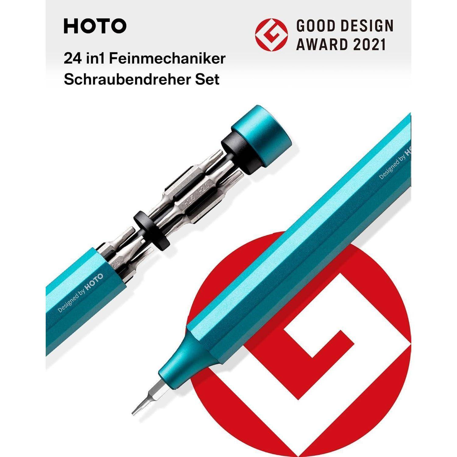 Schraubendreher-Set mit auswechselbaren Bits und Award-Logo, mit 24-in-1-Präzisionsdesign von HOTO, Good Design Award 2021.