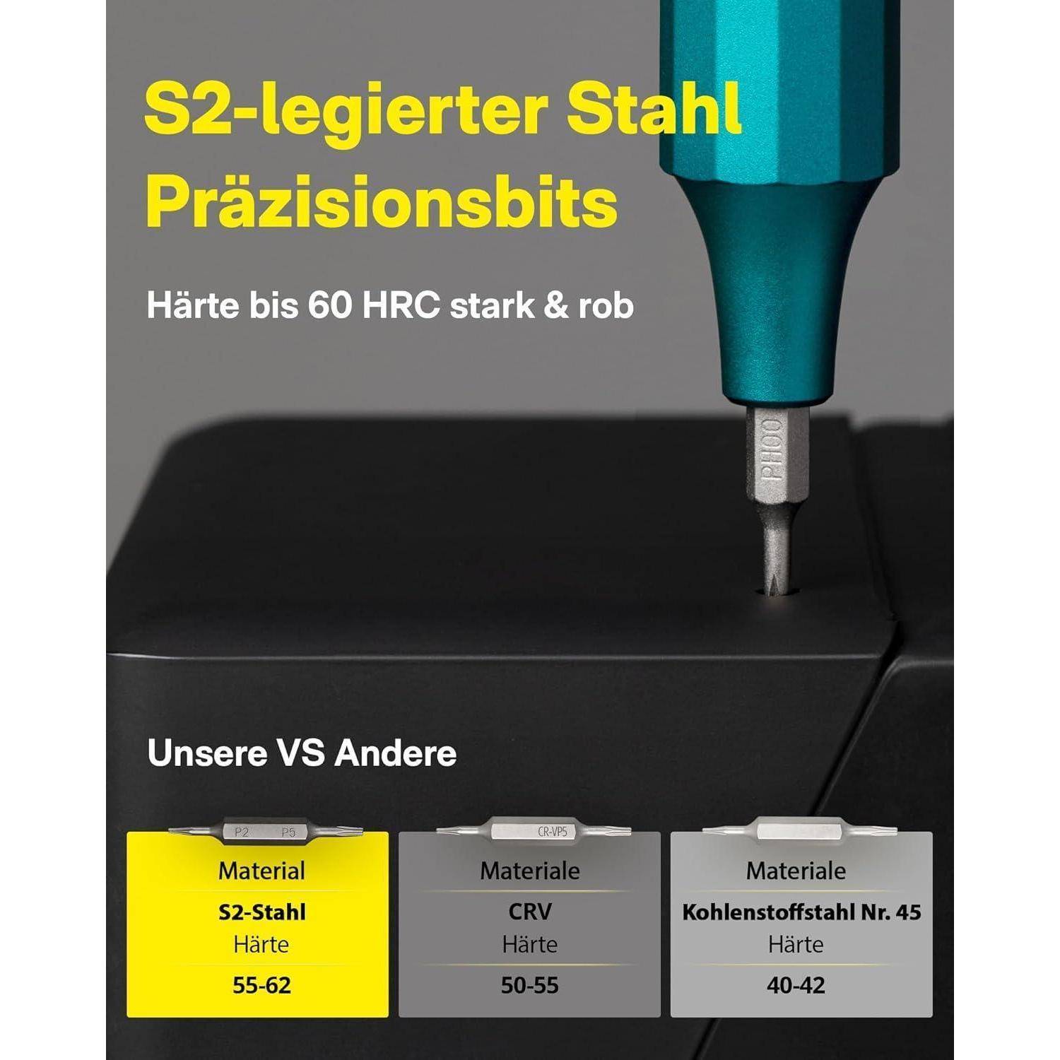 Nahaufnahme eines Präzisions-Schraubendreher-Bits über einer Schraube; Text vergleicht Härte: S2-Stahl 55-62 HRC vs CRV 50-55 vs Hochkohlenstoff 40-42.