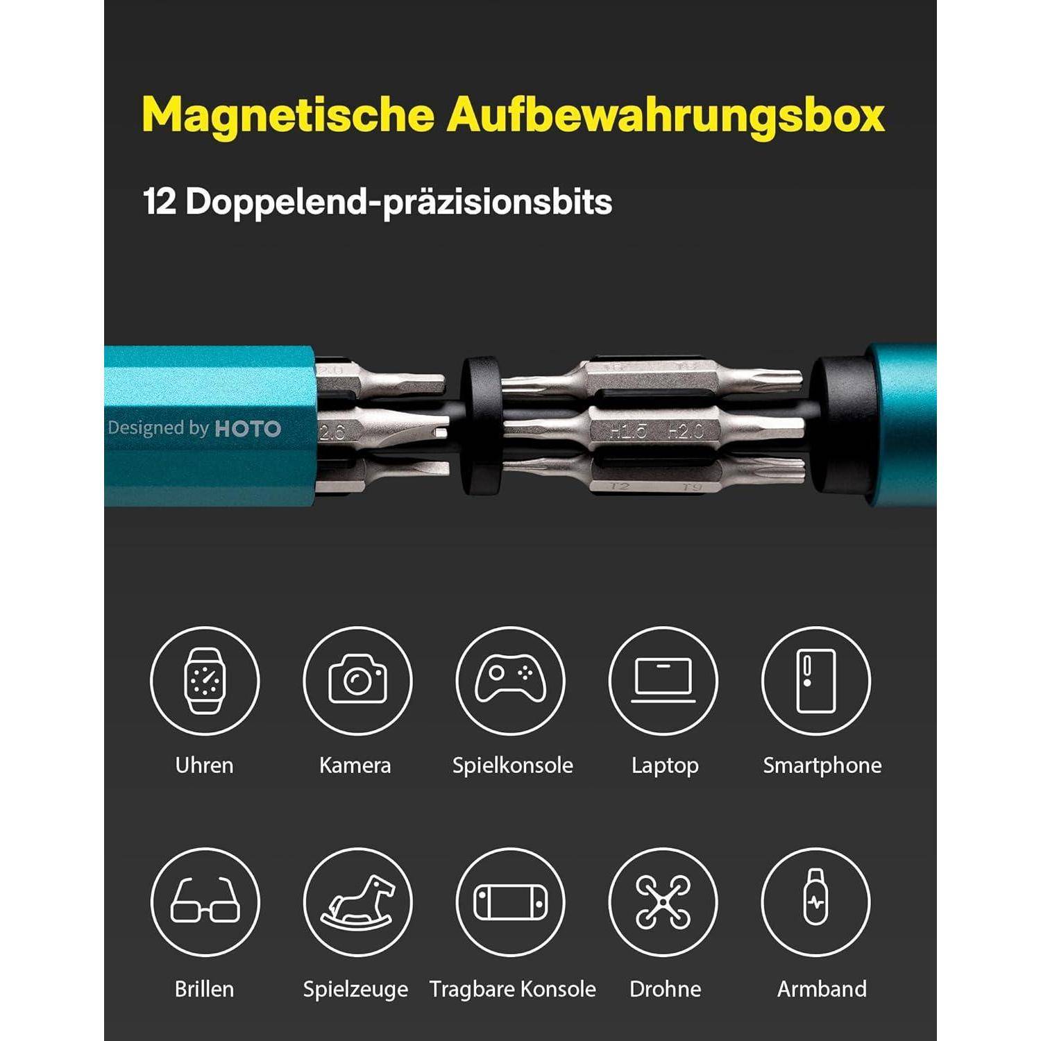 Magnetische Aufbewahrungsbox: 12 Doppelend-präzisionsbits mit blauer Werkzeugbox, die austauschbare Bits zeigt. Icons stellen Einsatzbereiche dar: Uhren, Kameras, Spielkonsolen, Laptops, Smartphones, Brillen, Spielzeug, tragbare Konsolen, Drohnen, Armbänder.