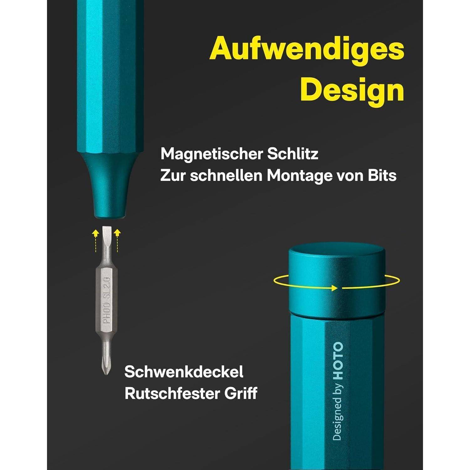Magnetischer Schlitz für schnellen Biteinbau; schwenkbarer Deckel mit rutschfestem Griff; Text liest sich 