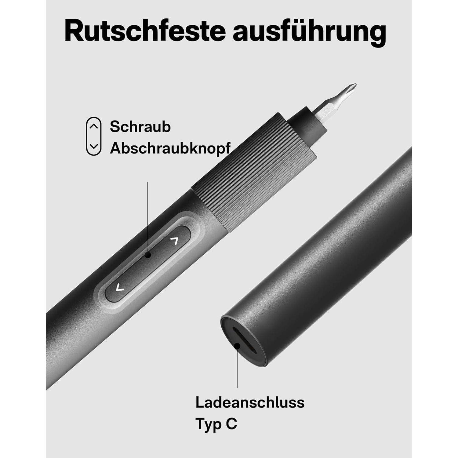 Detailaufnahme eines schwarzen Stiftes mit Bezeichnungen, die Funktionen hervorheben: einen Schraubknopf und einen USB-C-Ladeanschluss. Text lautet: 'Rutschfeste Ausführung'.