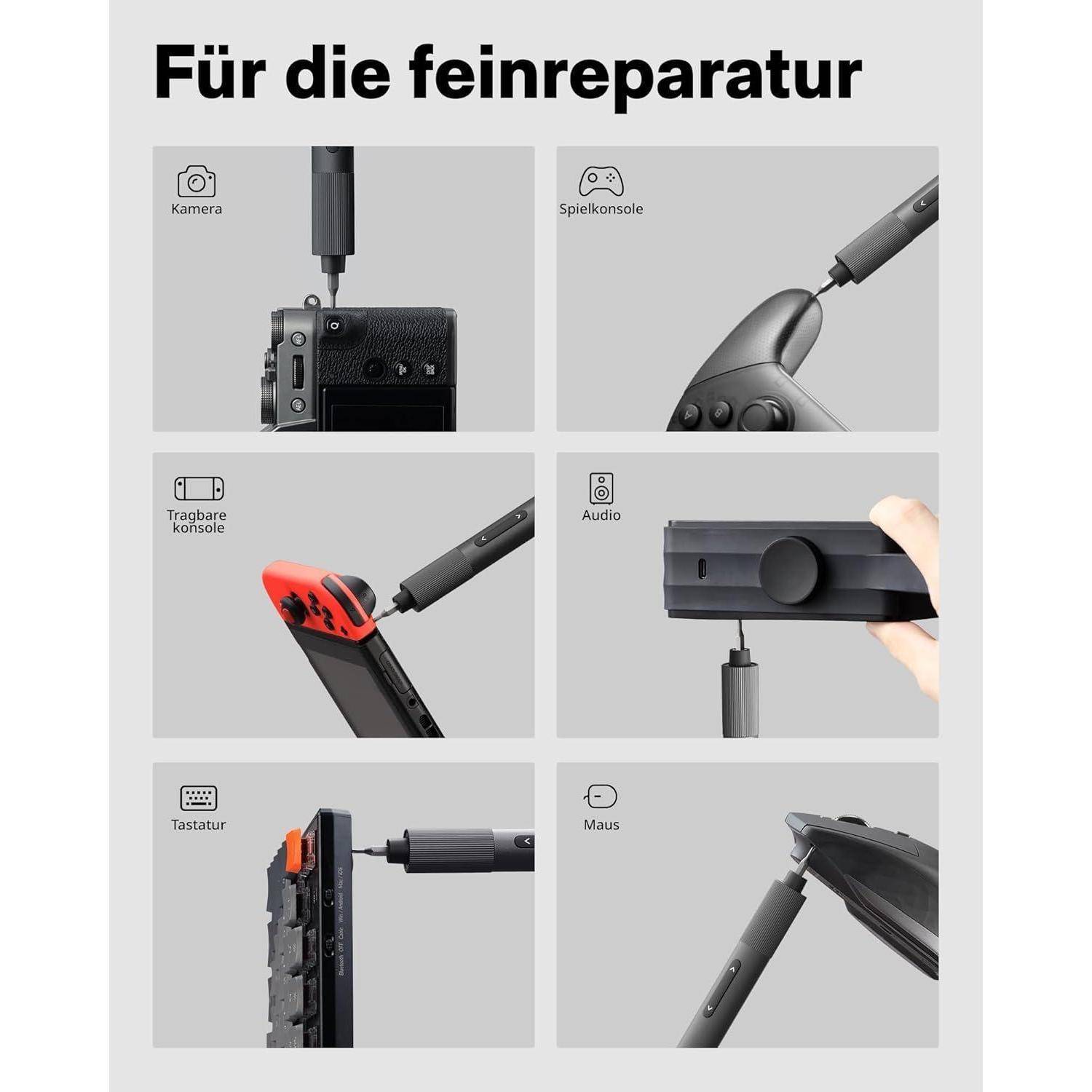 Das Bild zeigt eine Reihe von sechs visuellen Tafeln, die ein Werkzeug für präzise Reparaturen an verschiedenen elektronischen Geräten veranschaulichen, darunter Kameras, Spielkonsolen, Tastaturen und Audiogeräte.