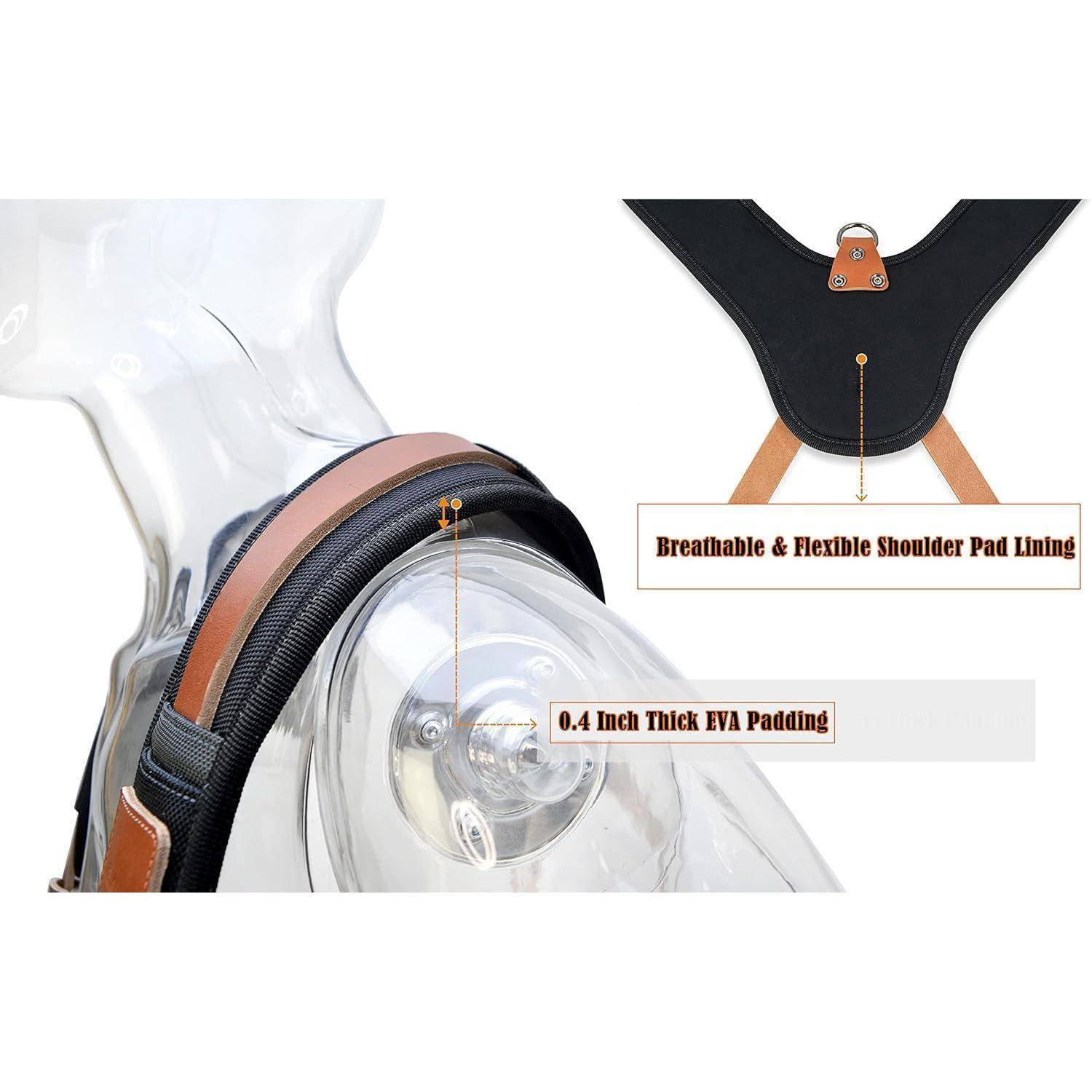 Eine transparente Schaufensterpuppe, die einen Rucksack-Schultergurt trägt, mit den Etiketten 
