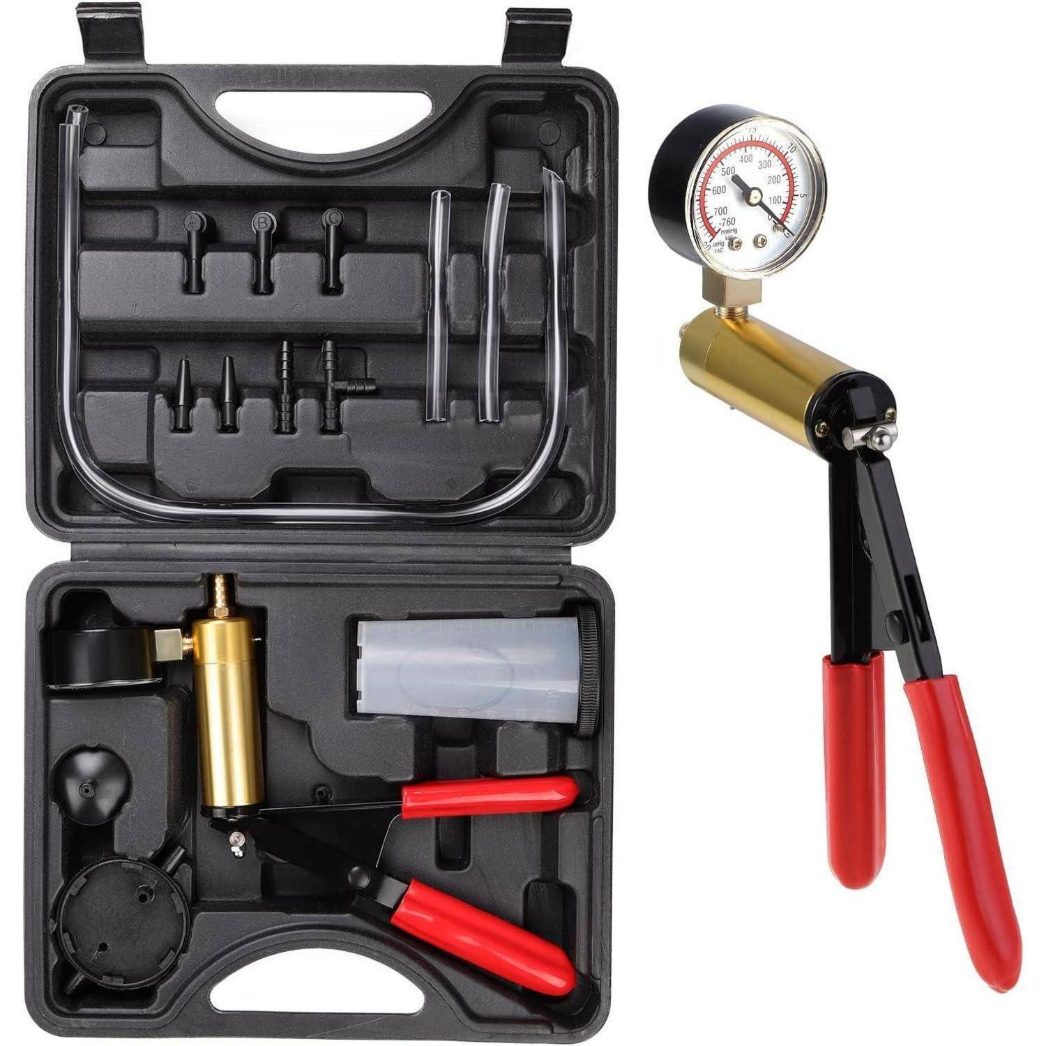 Ein schwarzes und rotes automotives Druckmessgerät-Set mit Koffer, Schläuchen und Zubehör, das zur Prüfung und Messung von Fahrzeug-Drucksystemen verwendet wird.