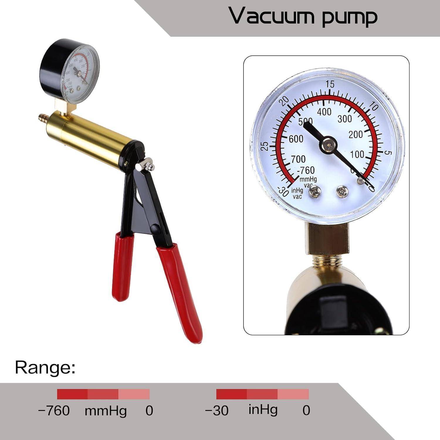 Vakuumpumpe mit Manometer, rotem und schwarzem Griff. Das Manometer zeigt einen Druckbereich von -760 bis 0 mmHg und -30 bis 0 inHg.