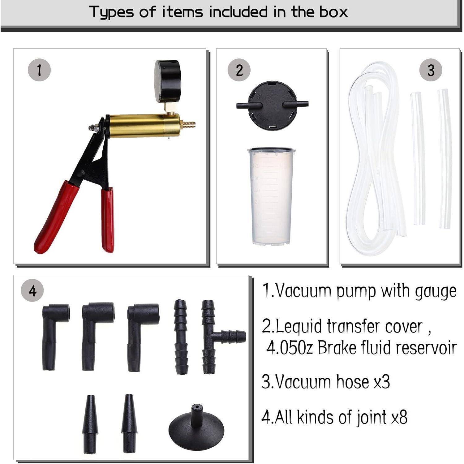 Enthaltene Artikeltypen in der Box: 1. Vakuumpumpe mit Manometer, 2. Flüssigkeitsübertragungsdeckel, 3. Vakuumschlauch (x3), 4. Verschiedene Anschlüsse (x8).