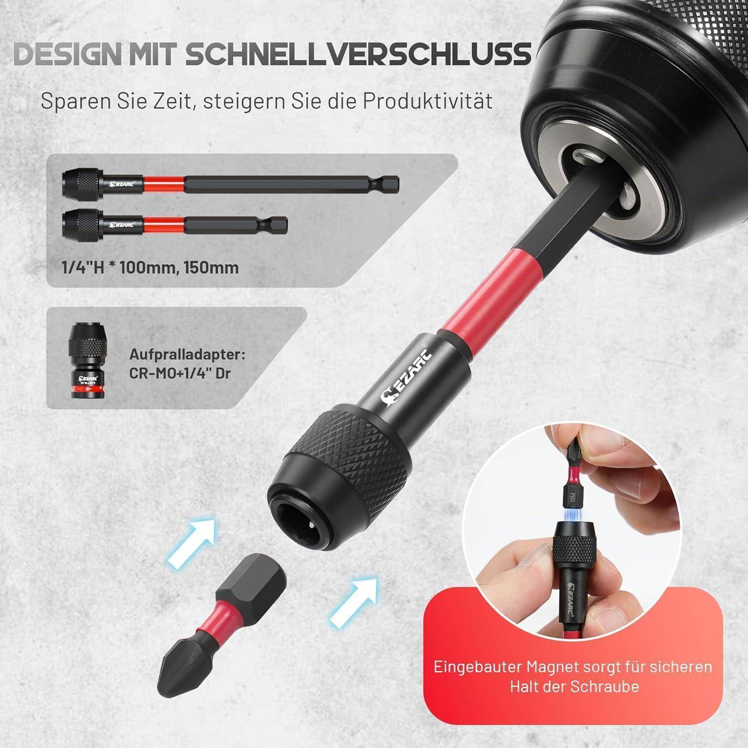 Das Bild zeigt ein Werkzeug mit einem Schnellauslösemechanismus und hebt einen magnetischen Halter zur sicheren Bitbefestigung hervor. Der Text lautet: 'Sparen Sie Zeit, steigern Sie die Produktivität'.