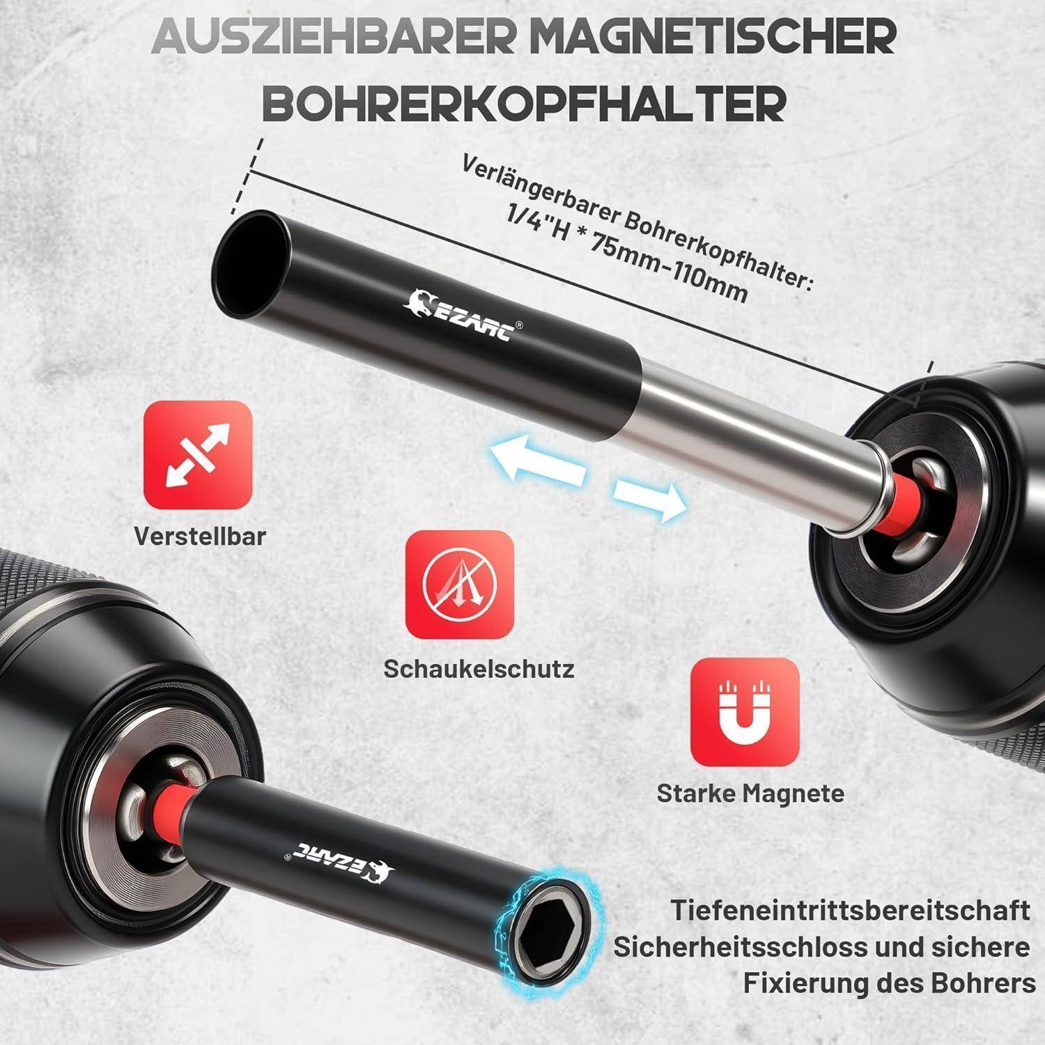 Ein magnetischer Bohrbithalter mit verstellbarer Länge (75mm-110mm), Schnellwechselfunktion und starkem Magneten zur sicheren Bitaufbewahrung.