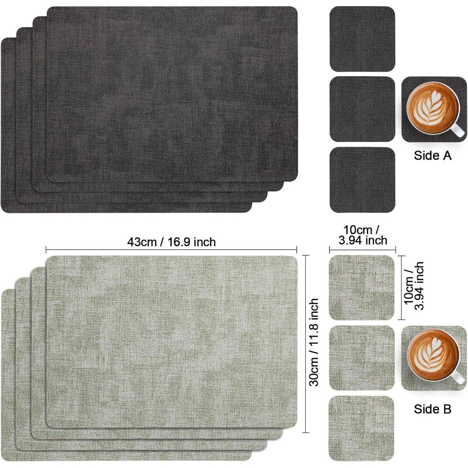 Set von Platzdeckchen und Untersetzen in zwei Farben: dunkelgrau (Seite A) und hellgrau (Seite B). Abmessungen: Platzdeckchen 43x30 cm, Untersetzer 10x10 cm. Enthält Latte-Art-Kaffee-Bild auf dem Untersetzer.