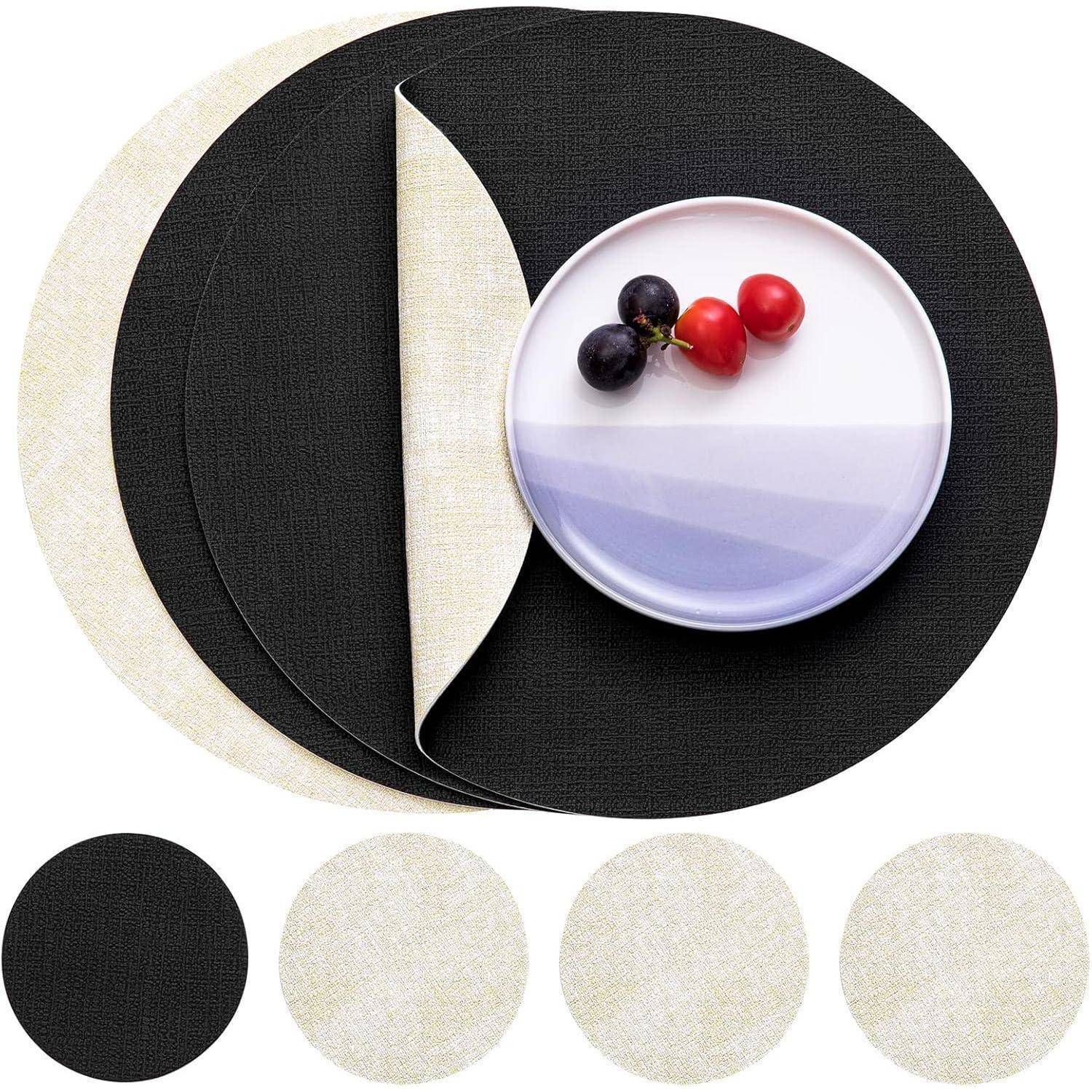 Tischsets abwaschbar Kunstleder 36cm 4er Cremeweiß Schwarz 4er Set