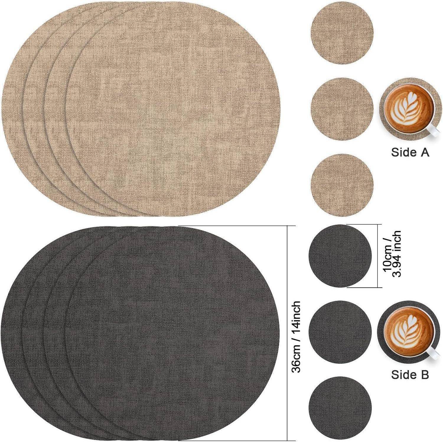 Satz runder Platzdeckchen in Beige und Dunkelgrau mit passenden Untersetzergröße, die neben Kaffeetassen zur Größenbestimmung dargestellt werden.