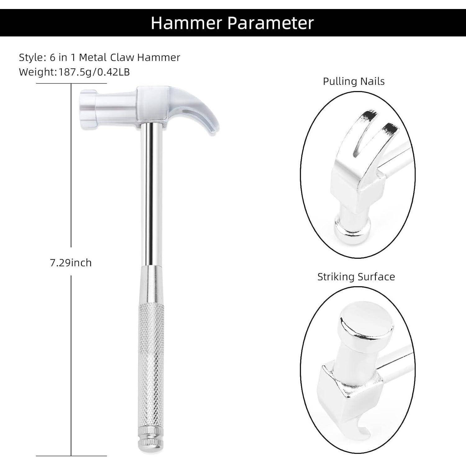Das 'Hammer Parameter' Diagramm zeigt einen 6-in-1 Metallklauenhammer mit einer Länge von 7,29 Zoll, 187,5 g/0,42 Pfund, wobei Nagelziehen und Schlagfläche hervorgehoben werden.