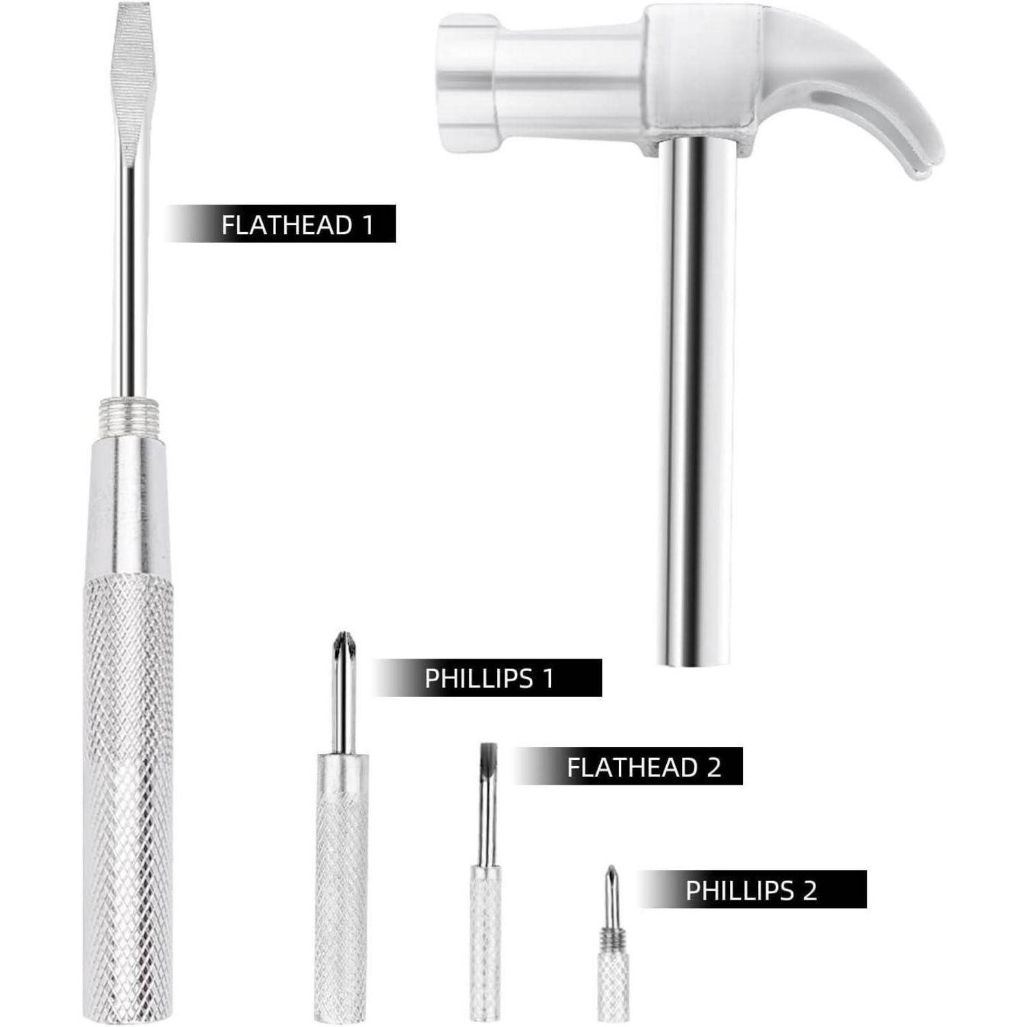 Ein Werkzeugsatz mit verschiedenen Schraubendrehertypen, beschriftet als Schlitz 1, Kreuzschlitz 1, Schlitz 2, Kreuzschlitz 2, und einem kleinen Hammer.