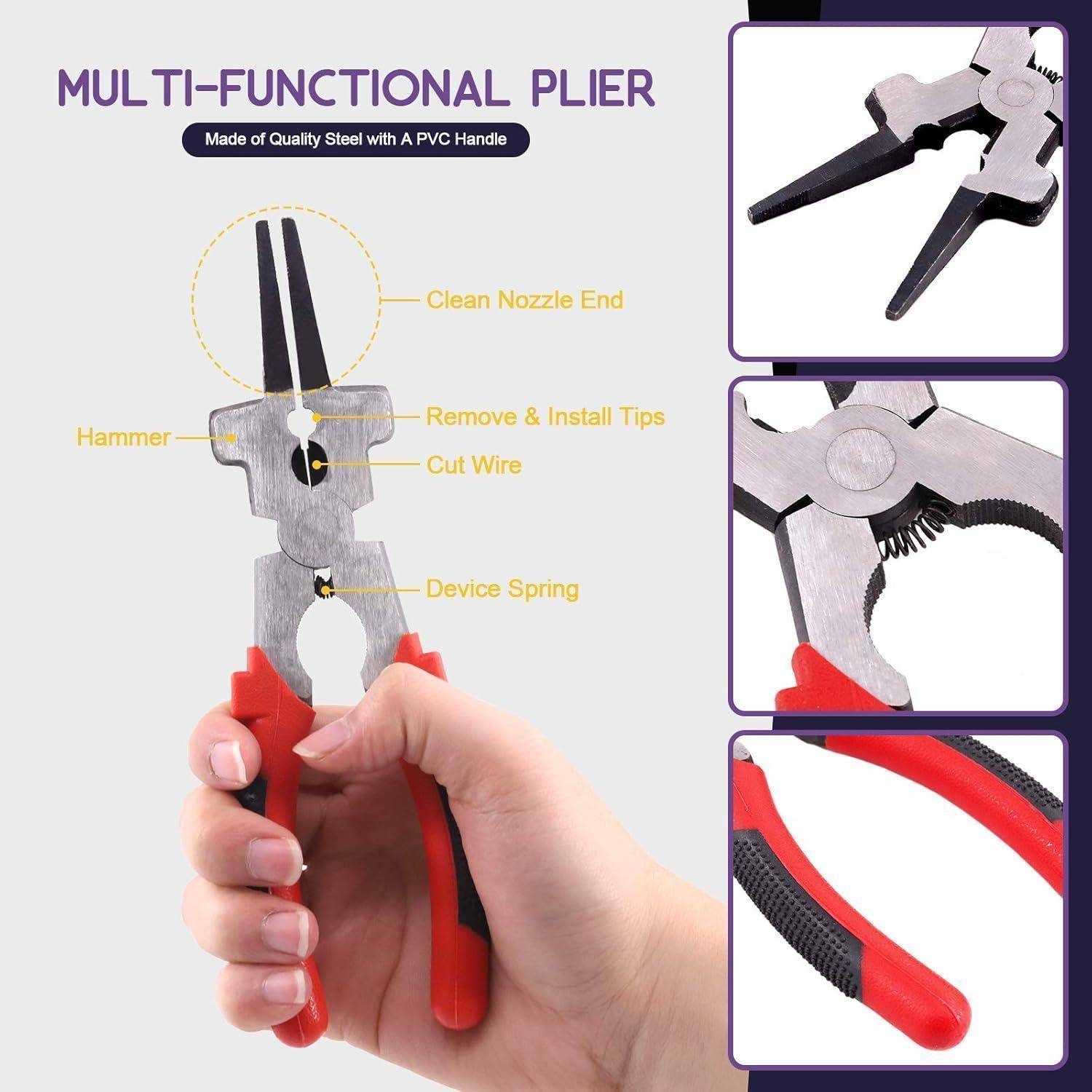 Multifunktionszange, aus hochwertigem Stahl mit PVC-Griff. Zu den Funktionen gehören eine saubere Düsenspitze, Abnehmen und Installieren von Spitzen, Drahtschneiden, Hämmern und Federmechanismus.