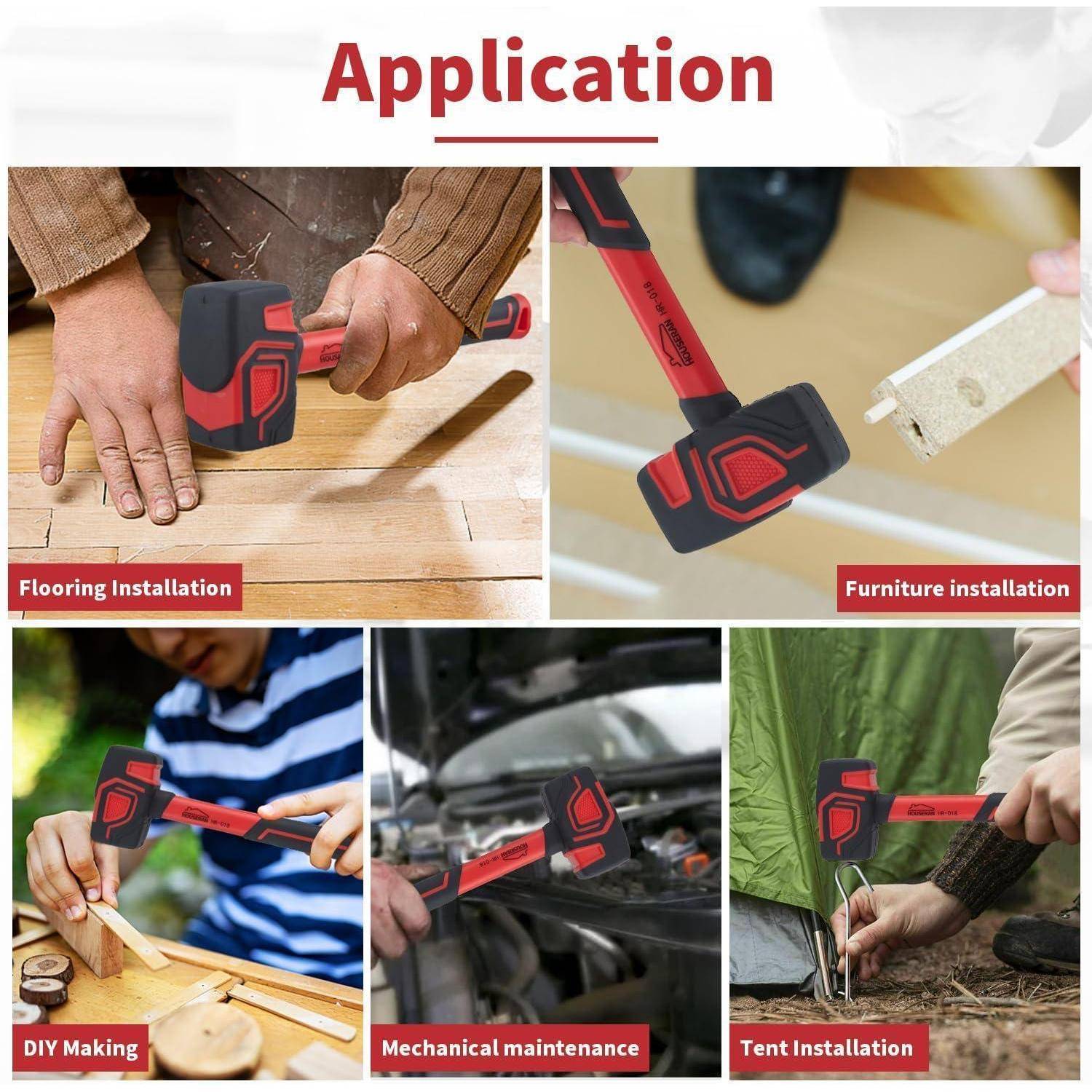Hammer Anwendungsbereiche: Bodenbelaginstallation, Möbelinstallation, DIY-Projekte, mechanische Wartung, Zeltaufbau.' Bilder zu jeder Anwendung.