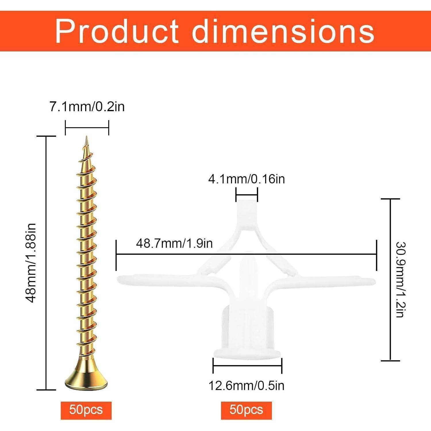 Schrauben- und Dübeldimensionen: Schraube ist 48 mm lang, 7,1 mm breit; Dübel ist 48,7 mm lang, 12,6 mm breit. Wird in 50er-Packungen verkauft.