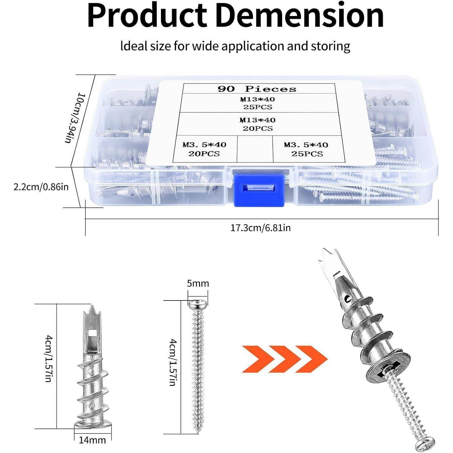 Produktdimension' Werkzeugkasten mit Schrauben, enthält drei Typen; Größen M13*40 (25 Stück), M3.5*40 (20 Stück) und M3*40 (25 Stück). Kastengröße: 17,3 cm x 10,2 cm x 2,2 cm.