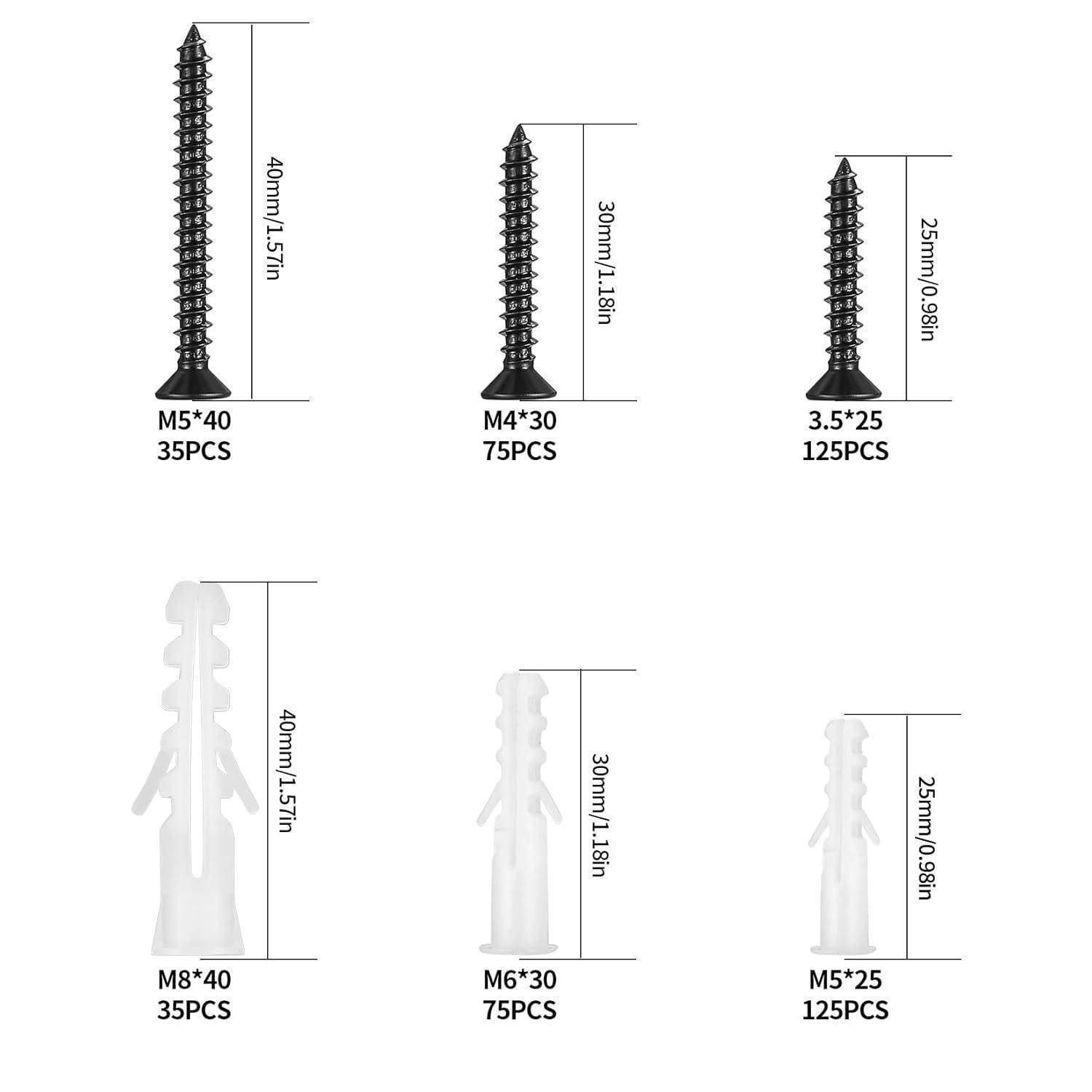 Bild zeigt verschiedene Größen von Schrauben und Dübeln: M5*40, M4*25, 3,5*25, M8*40, M6*30, M5*25 mit beschrifteten Mengenangaben.