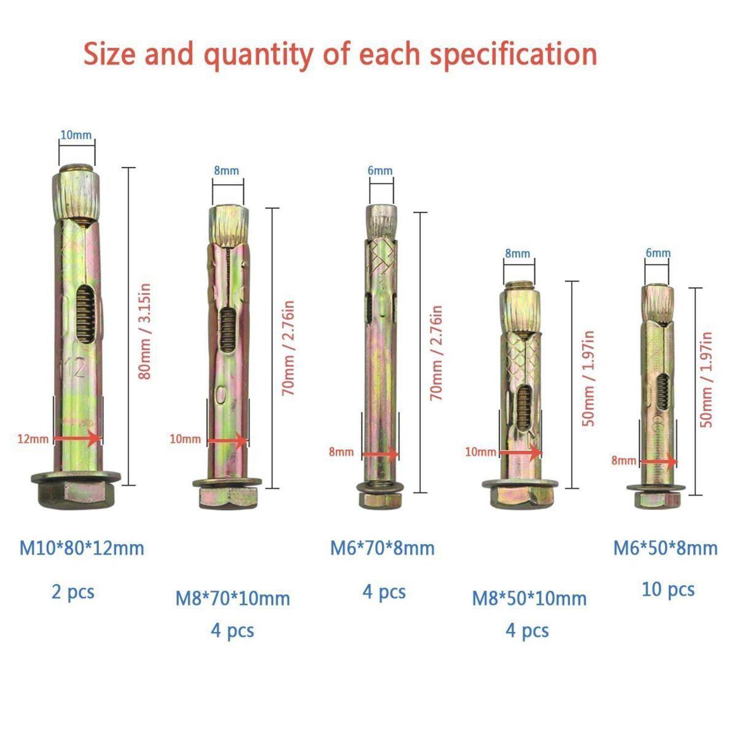 Fünf Expansionsbolzen verschiedener Größen werden mit Abmessungen: M10, M8, M6 und unterschiedlichen Längen sowie Mengen von 2, 4 und 10 Stück dargestellt.