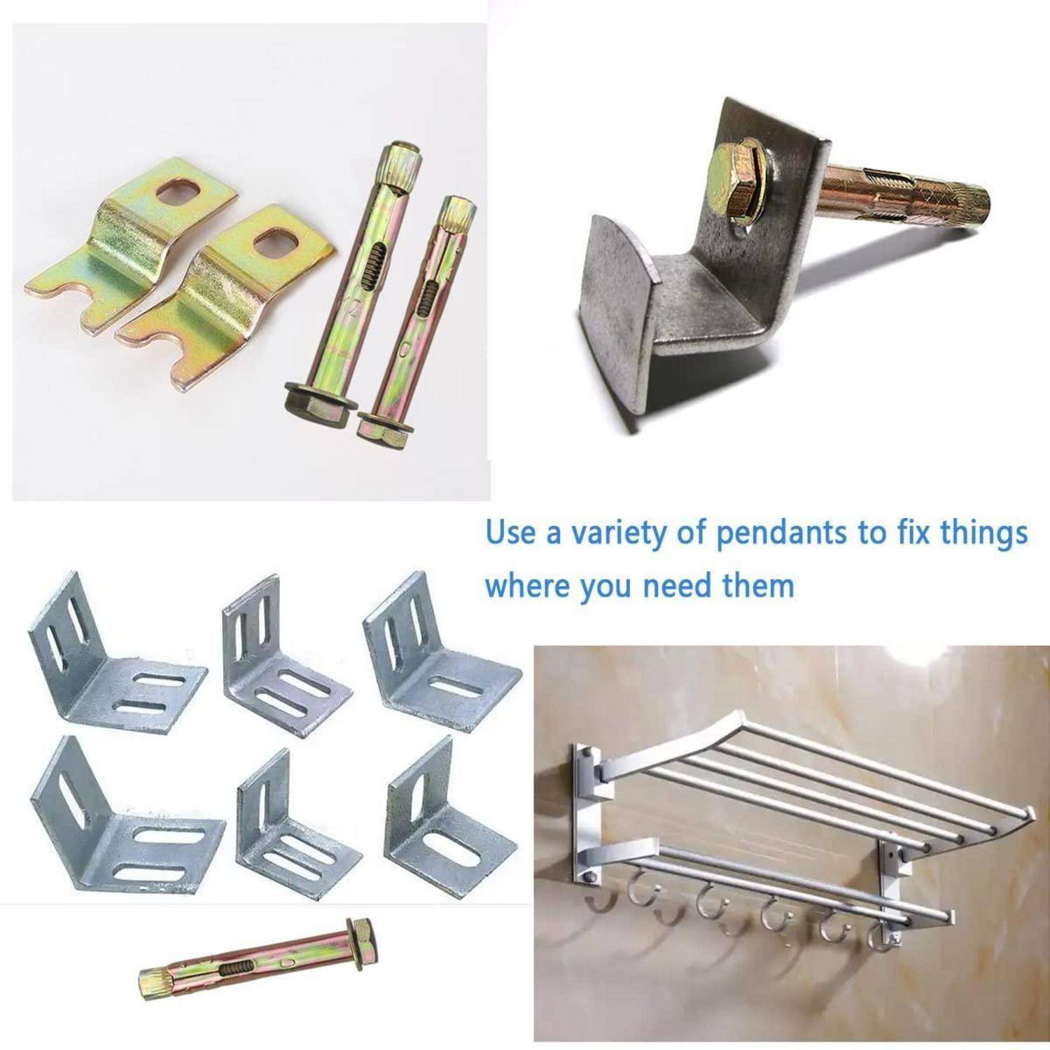 Eine Collage aus Metallhalterungen, Schrauben und einer wandmontierten Ablage mit Haken. Text lautet: 