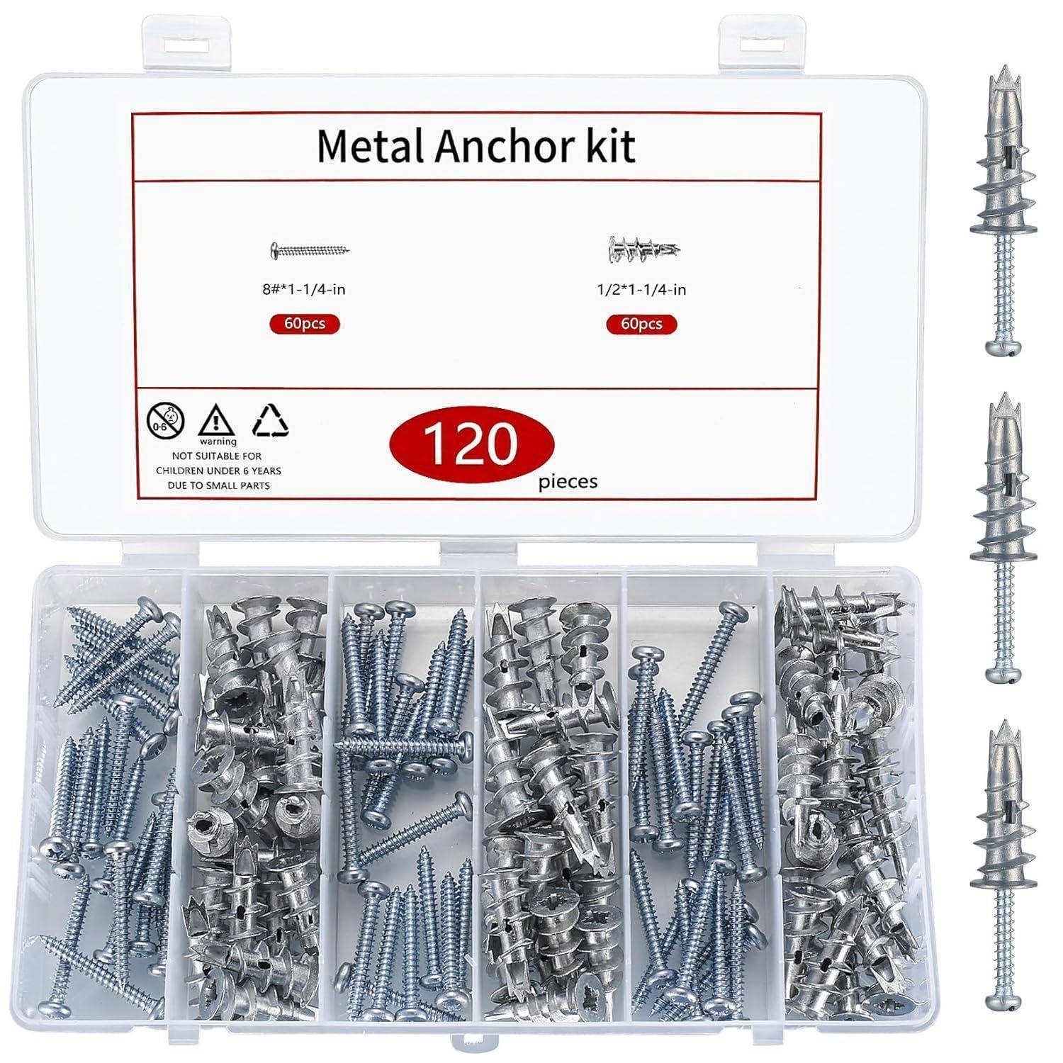 Metallbefestigungsset-Box, beschriftete Fächer mit 120 Stück 8/11-1/4-Zoll und 1/2-1/4-Zoll Anker.