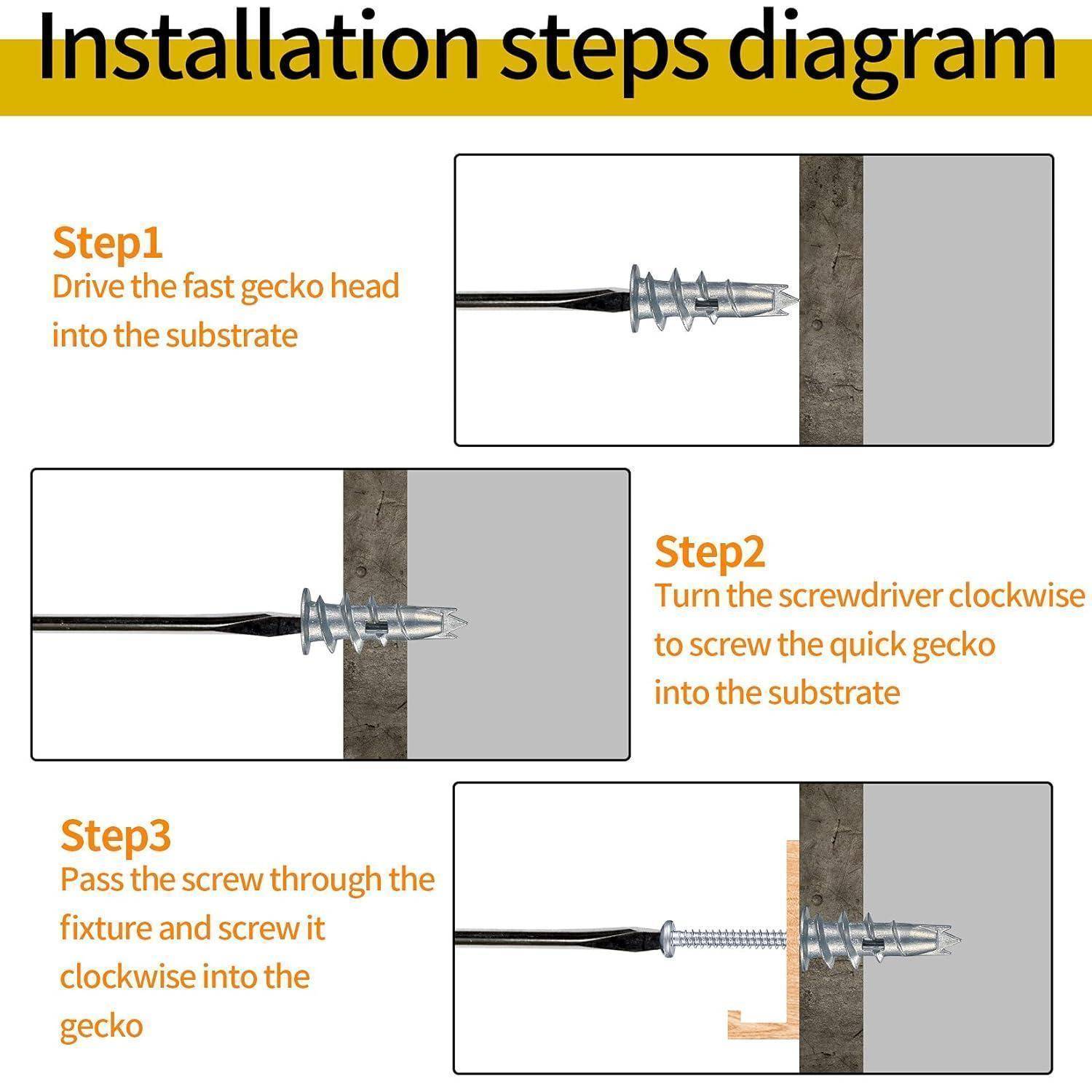 Installationsschritte Diagramm': Schritt 1 - Treiben Sie den schnellen Gecko-Kopf in das Substrat. Schritt 2 - Drehen Sie den Schraubendreher im Uhrzeigersinn. Schritt 3 - Führen Sie die Schraube durch und drehen Sie im Uhrzeigersinn.