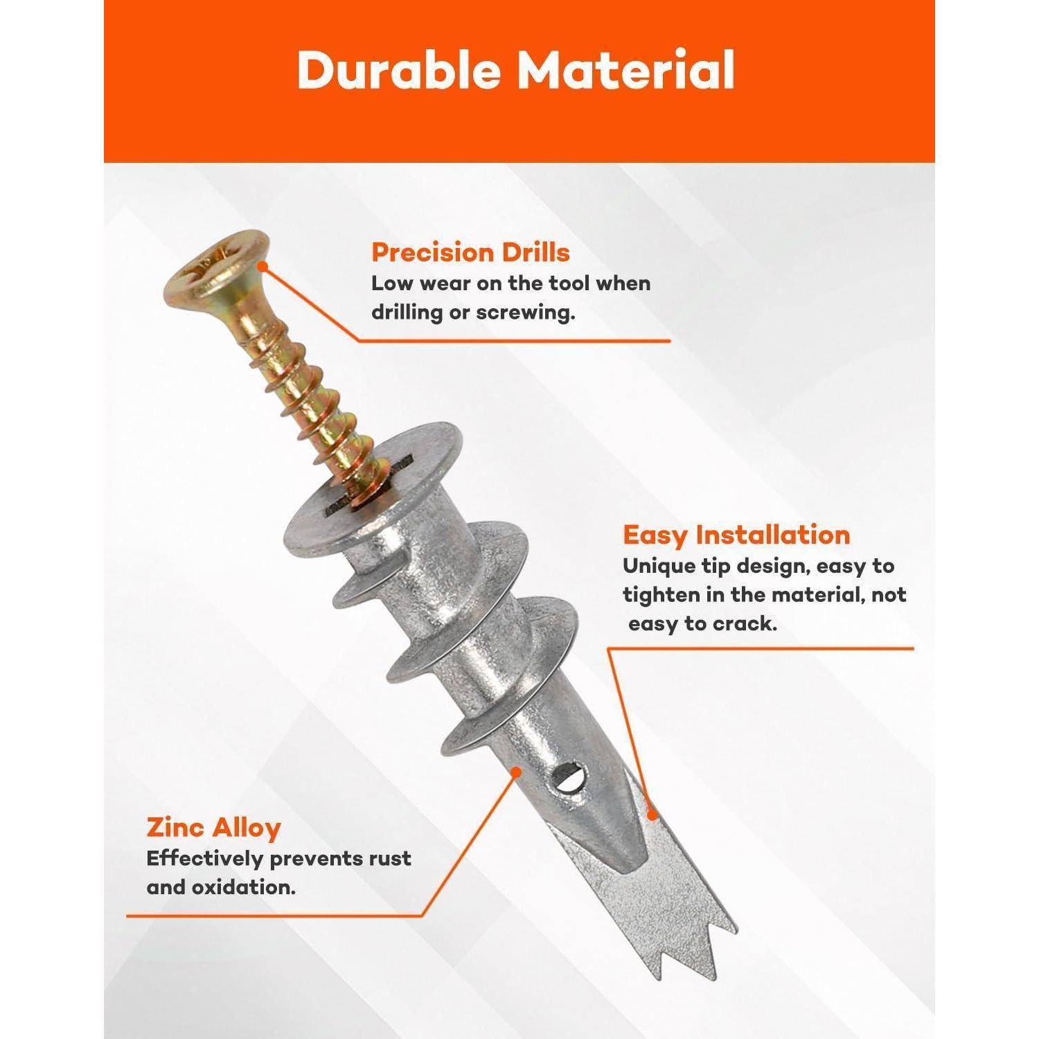 Ein Bild, das einen Metalldübel mit beschrifteten Merkmalen zeigt: ‚Präzisionsbohrungen' für geringe Abnutzung, ‚Einfache Installation' Spitzendesign und ‚Zinklegierung' verhindert Rost. Orange Überschrift lautet ‚Langlebiges Material'.