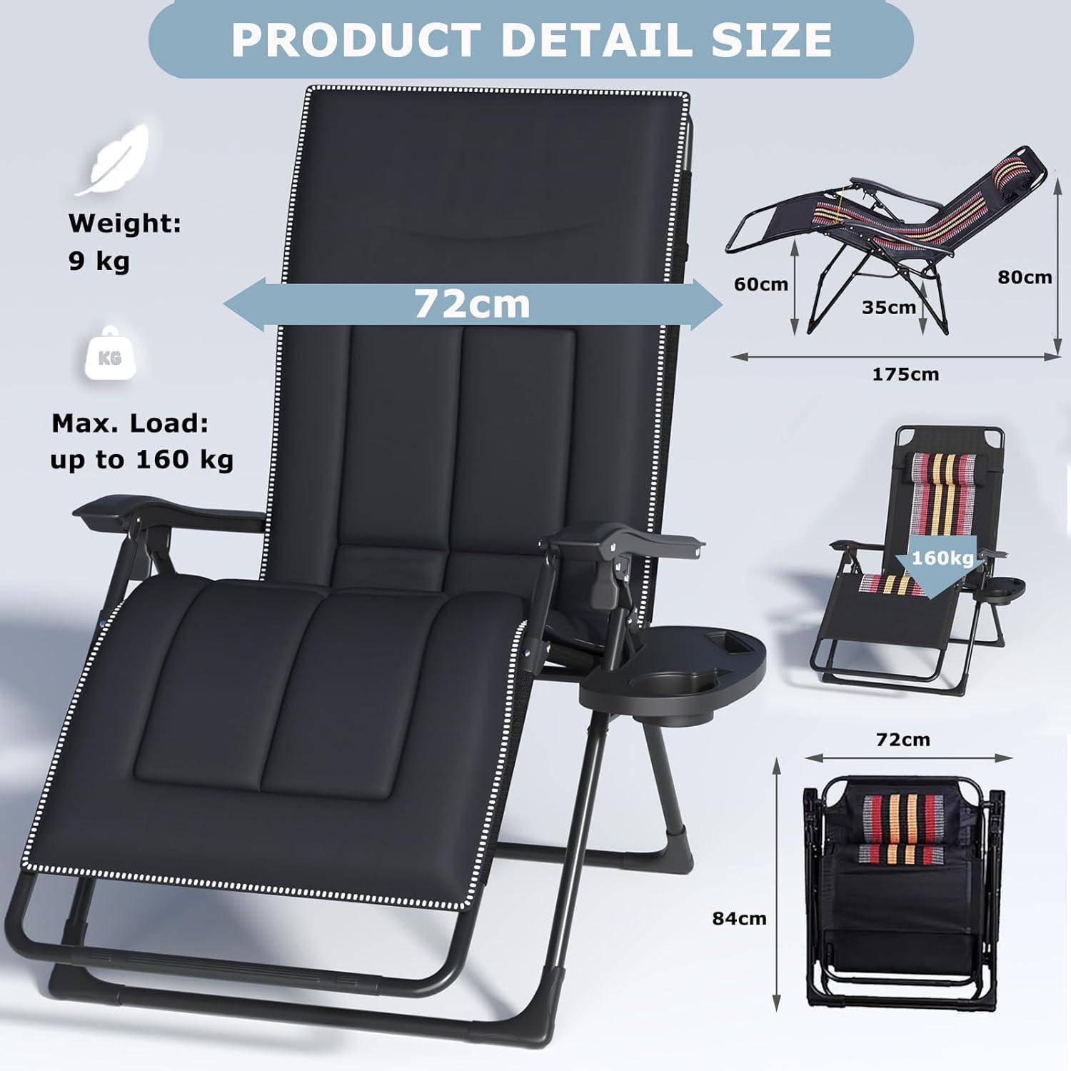 Relaxsessel-Set mit verstellbarem Liegestuhl, ausgestattet mit Armlehnen und Getränkehalter. Abmessungen: 72 cm breit, 84 cm hoch. Maximale Belastbarkeit: 160 kg.