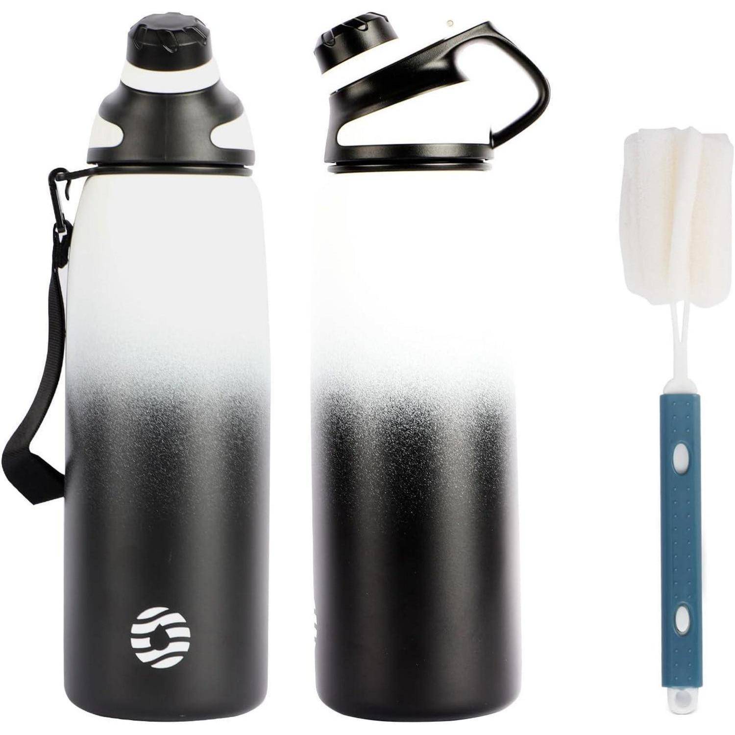 Trinkflasche Edelstahl Magnetdeckel BPAfrei Sport Weiß&schwarz 1000 ml