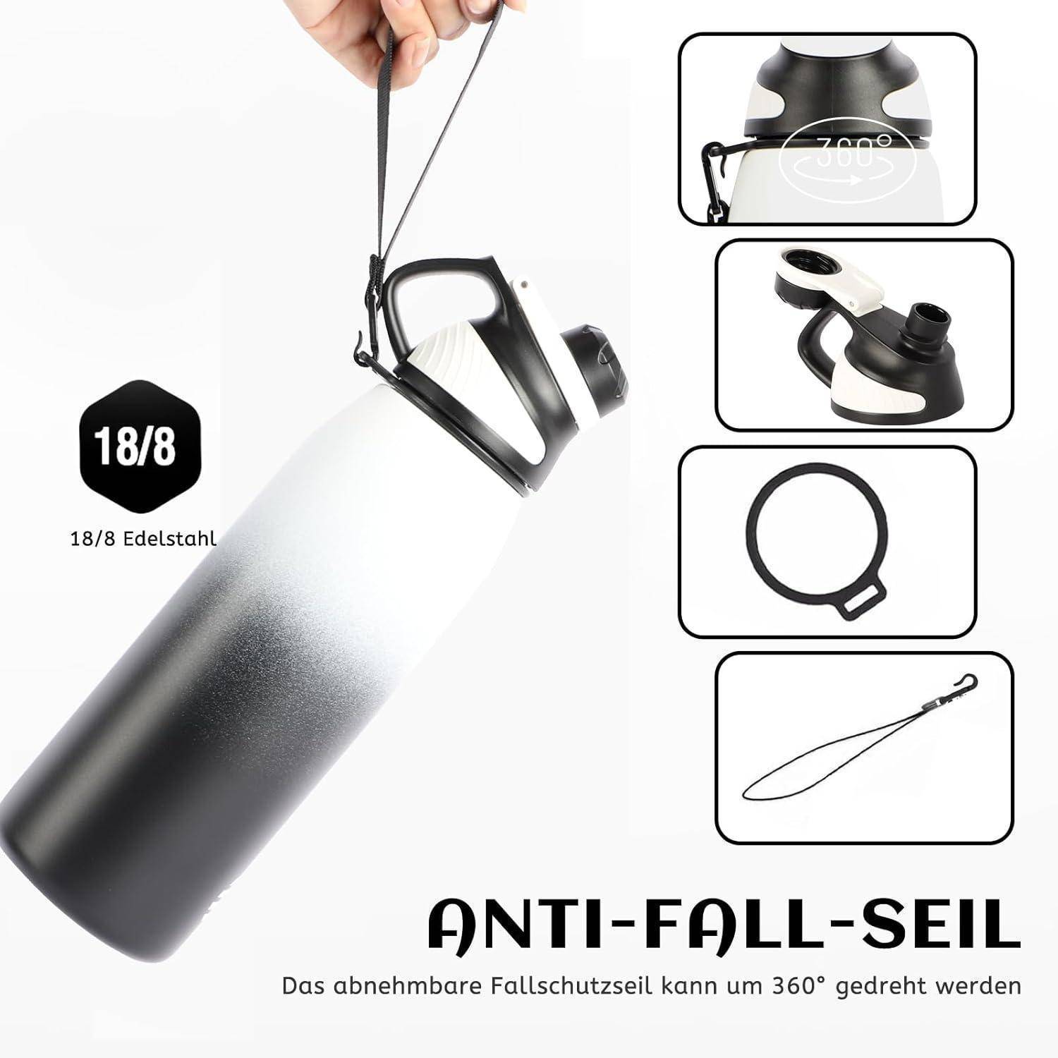 Trinkflasche Edelstahl Magnetdeckel BPAfrei Sport Weiß&schwarz 1000 ml