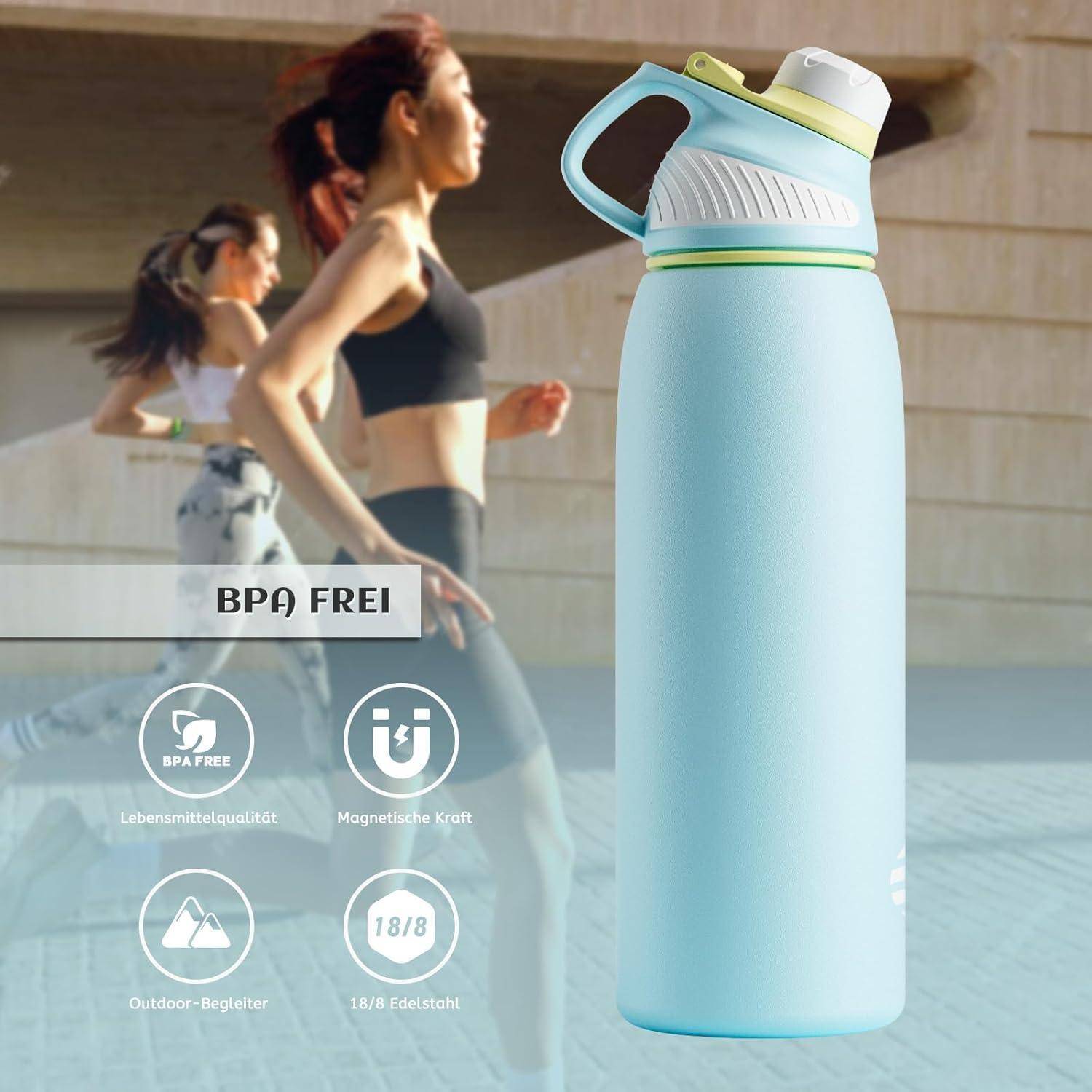 Isolierte Wasserflasche mit BPA-freiem Aufdruck und Griff im Vordergrund. Im Hintergrund: zwei Personen, die draußen laufen und die sportliche Nutzung der Flasche hervorheben.