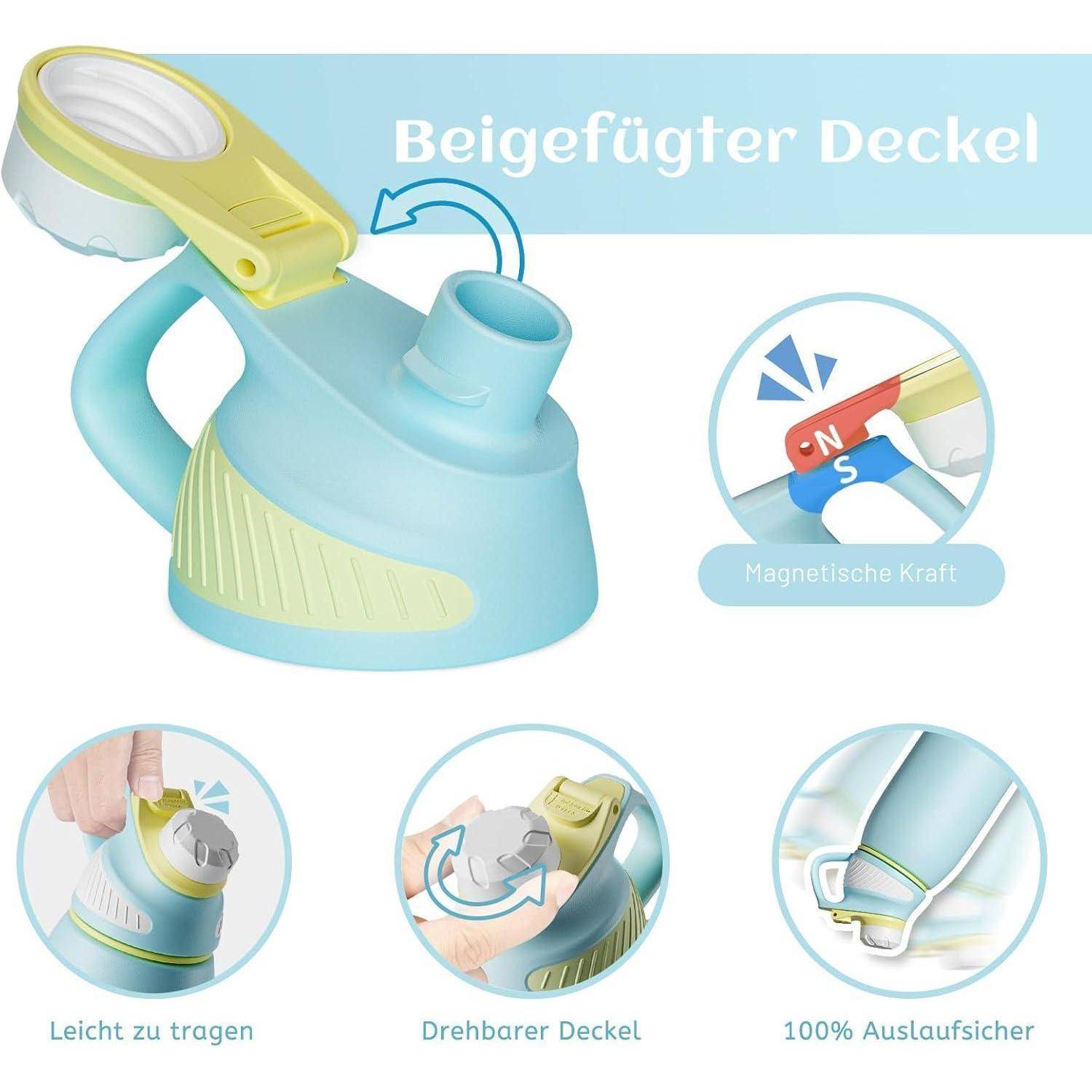 Ein türkis-gelber Krug mit magnetischem Deckel. Eigenschaften: 'Leicht zu tragen', 'Drehbarer Deckel', '100% Auslaufsicher'.
