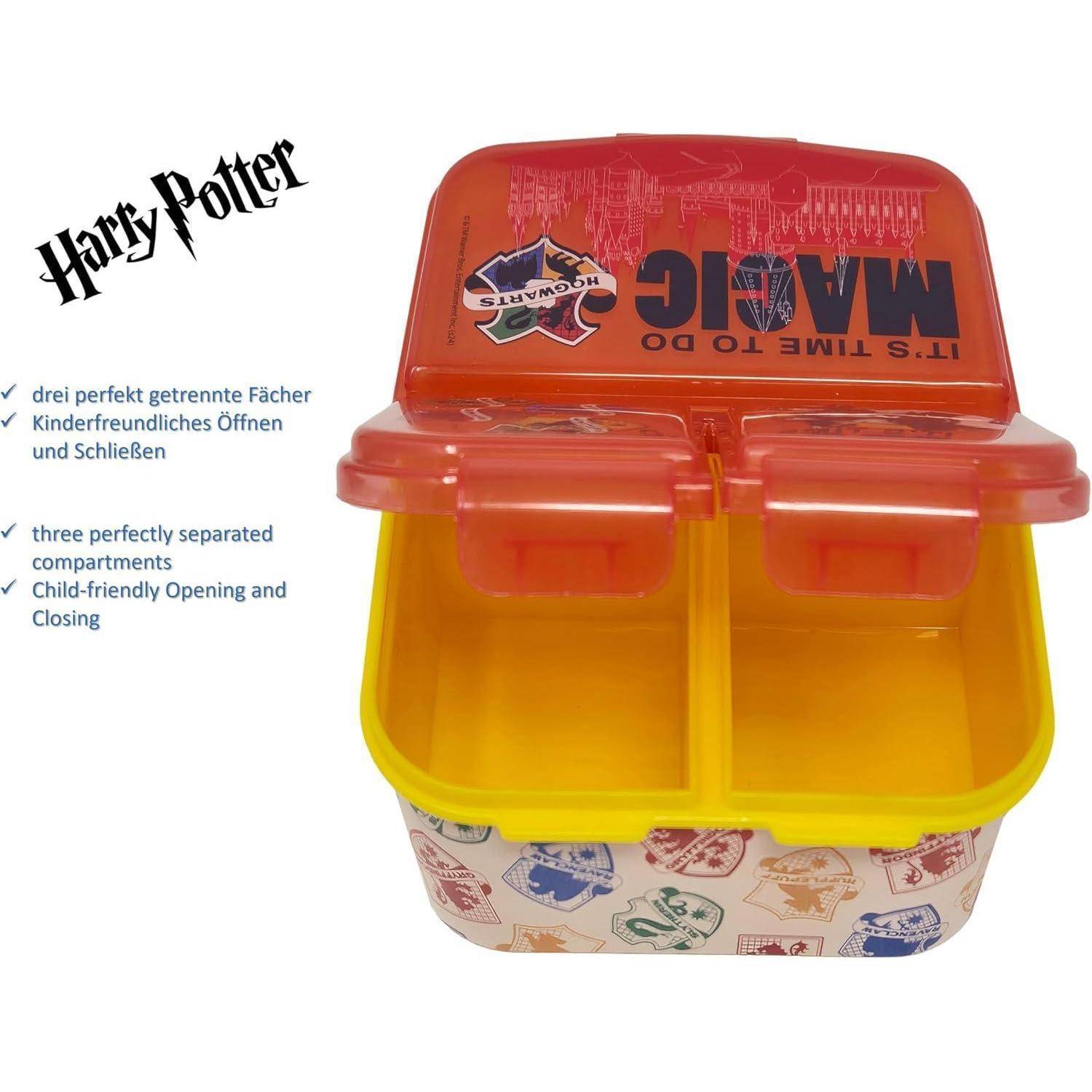 Lunchbox im 'Harry Potter'-Design mit drei Fächern. Ausgestattet mit kindergerechtem Verschluss- und Öffnungsmechanismus.