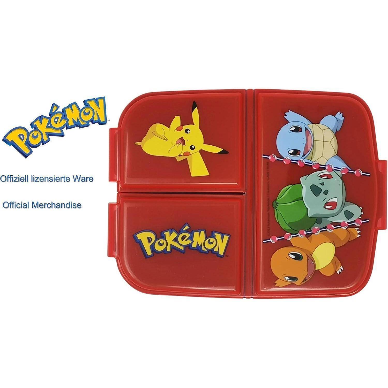 Rote Pokémon-Brotdose mit Pikachu auf dem linken Deckel und Schiggy, Bisasam und Glumanda auf dem rechten Deckel. Gekennzeichnet als 'Offizielles Merchandise'.