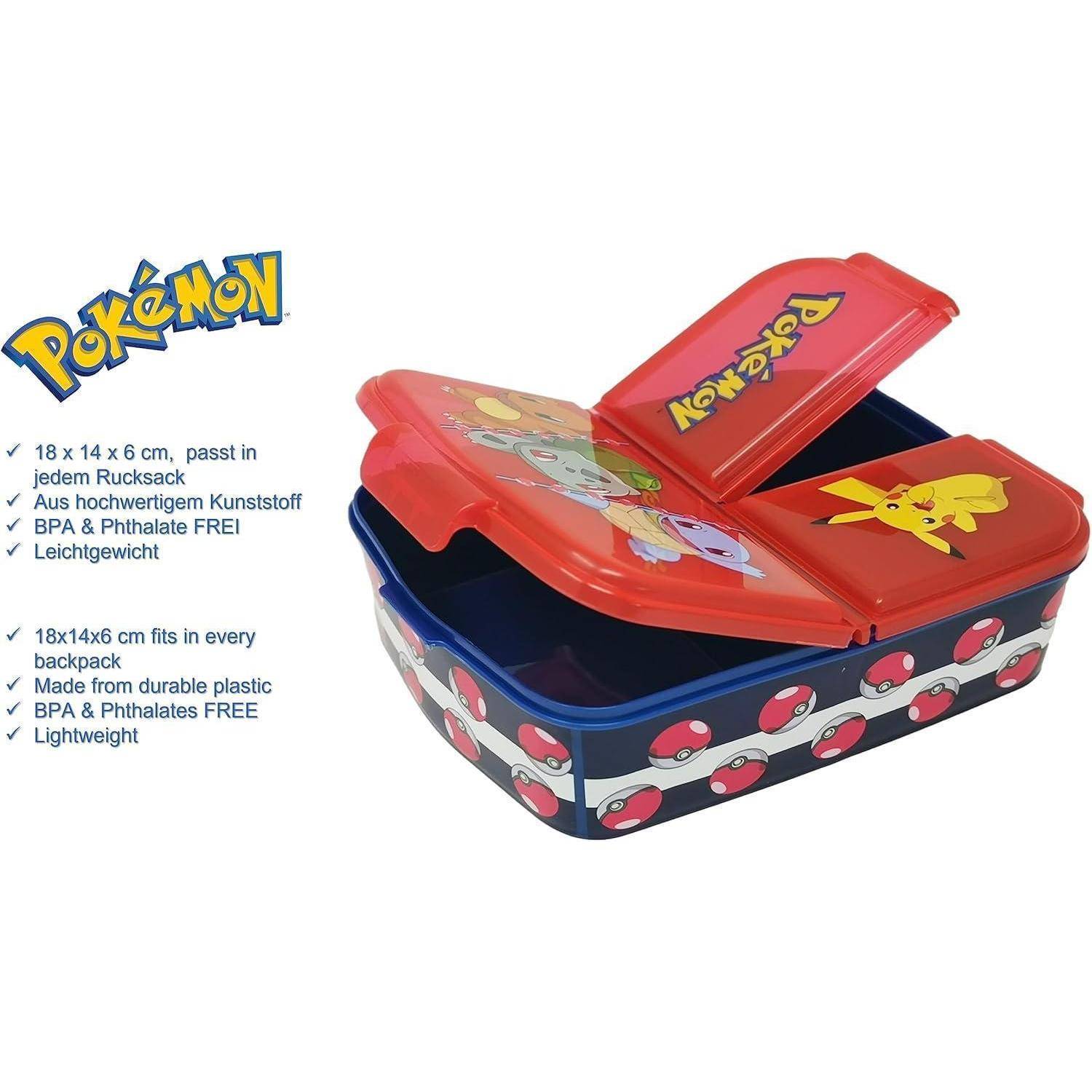 Pokémon Brotdose mit Pikachu und Freunden Design; Ansicht geöffnet. Eigenschaften: passt in jeden Rucksack, leicht, frei von BPA und Phthalaten.