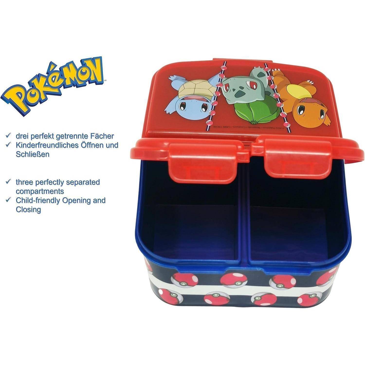 Eine Pokémon-Brotdose mit drei separaten Fächern und Text, der anzeigt, dass sie kinderfreundlich zum Öffnen und Schließen ist.