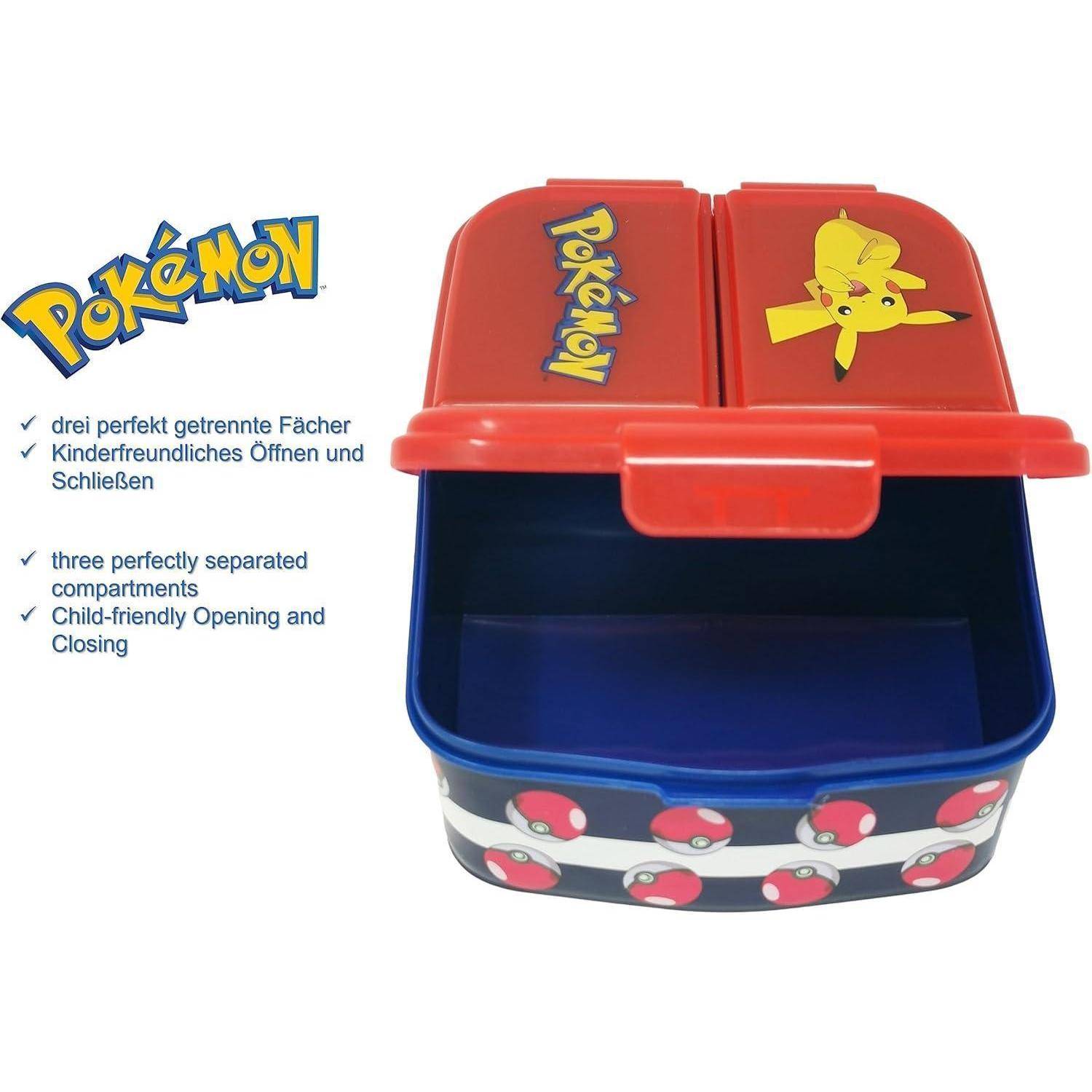 Pokémon-Brotdose mit Pikachu-Motiv, ausgestattet mit drei Fächern. Aufschrift: „Kinderfreundliches Öffnen und Schließen
