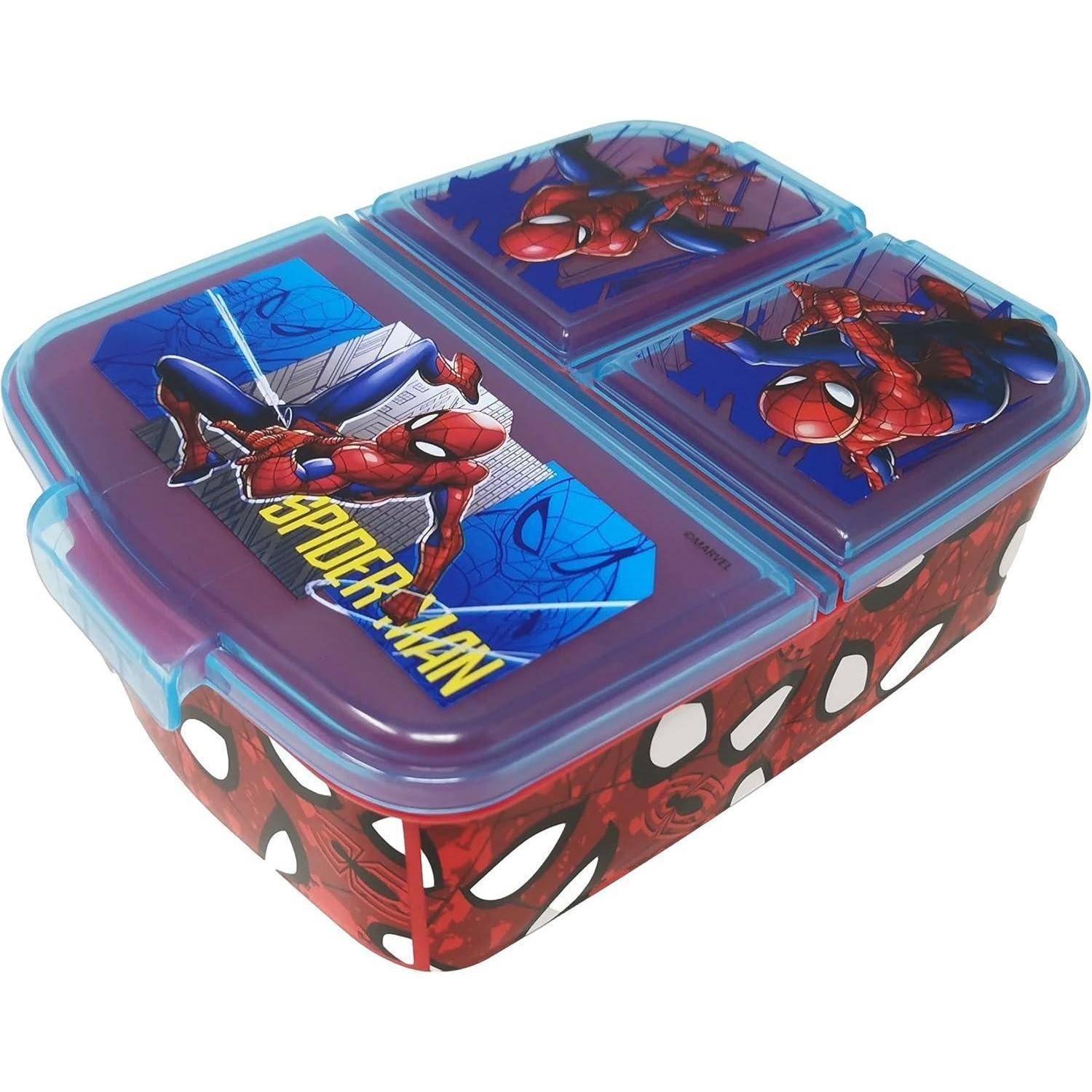 Eine Brotdose mit Spider-Man-Grafiken, auf der der Charakter in verschiedenen Posen mit Spinnennetzmustern dargestellt ist. Der Text 'Spider-Man' ist sichtbar.
