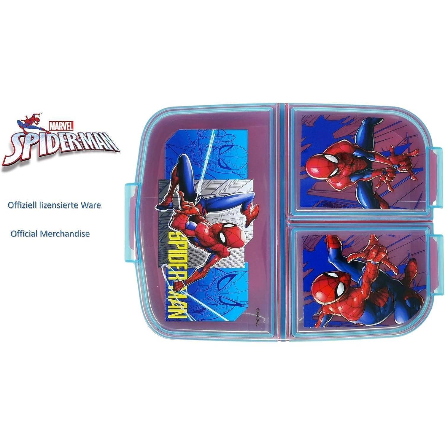 Brotdose aus Kunststoff mit Spider-Man-Designs in verschiedenen Aktionsposen, gekennzeichnet als ‚Offizielles Merchandise' mit einem Spider-Man-Logo.