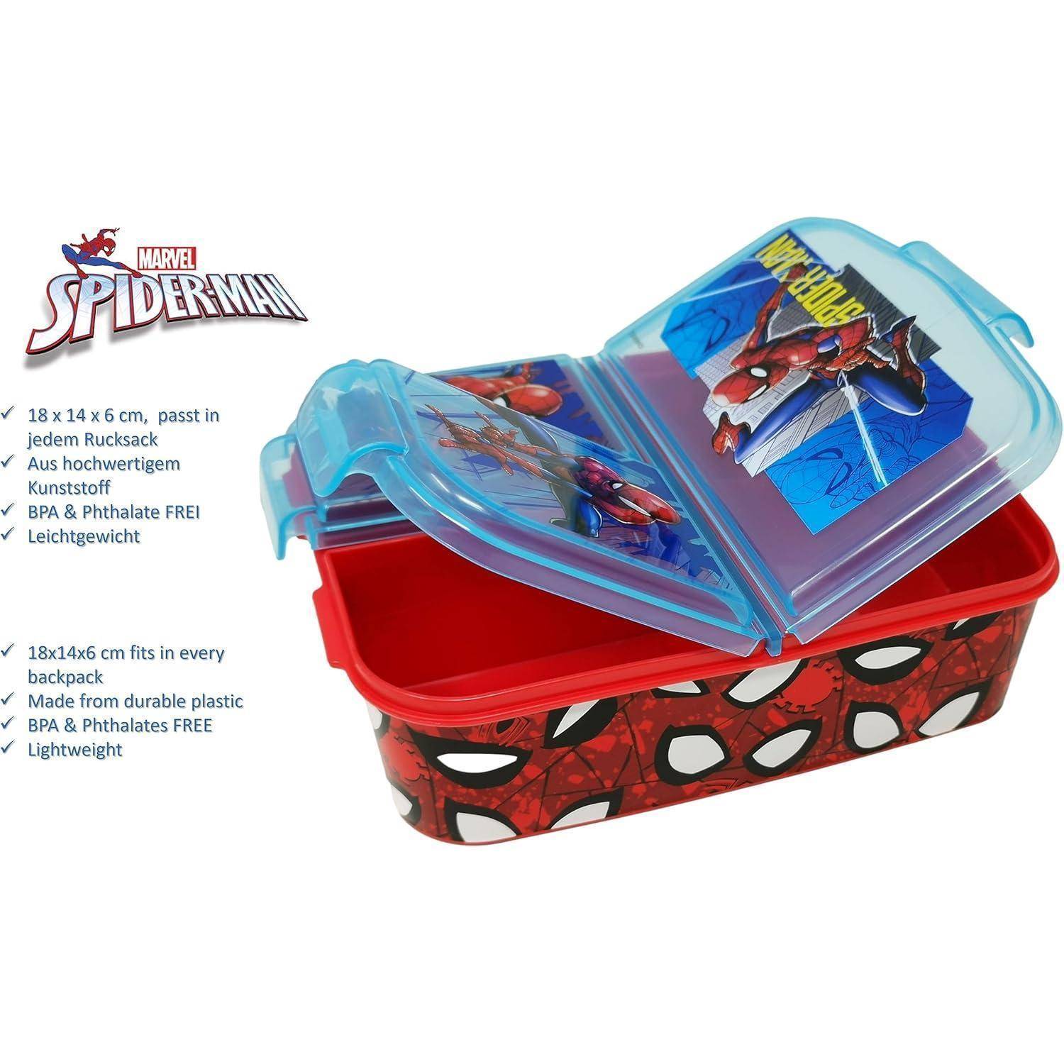 Eine rot-blaue Spider-Man Lunchbox mit Fächern. Beschreibung besagt: '18x14x6 cm passt in jeden Rucksack, hergestellt aus robustem Kunststoff, BPA & Phthalat FREI, leicht'.