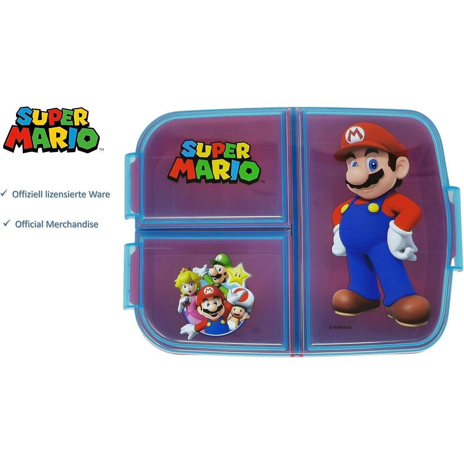 Blauer Lunchbox im 'Super Mario'-Design mit drei Fächern, mit Abbildungen von Mario und anderen Charakteren. Etikett: 'Offizielles Merchandise'.