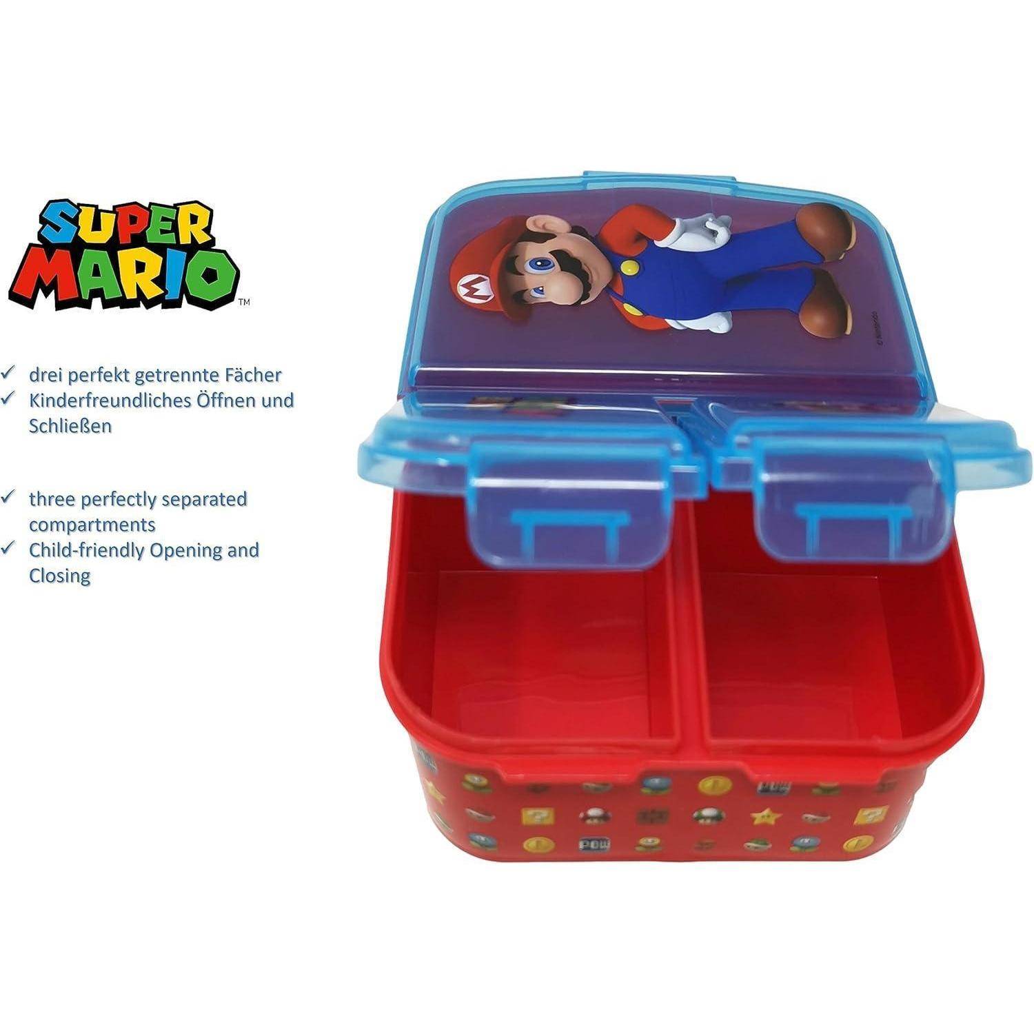 Lunchbox im 'Super Mario'-Design mit drei Fächern, mit kindgerechter Gestaltung für einfaches Öffnen und Schließen.