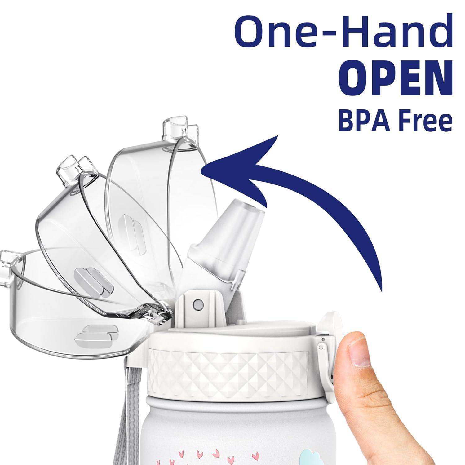 Das Bild zeigt eine Person, die den Deckel einer transparenten Wasserflasche mit einer Hand aufklappt. Der Text lautet 