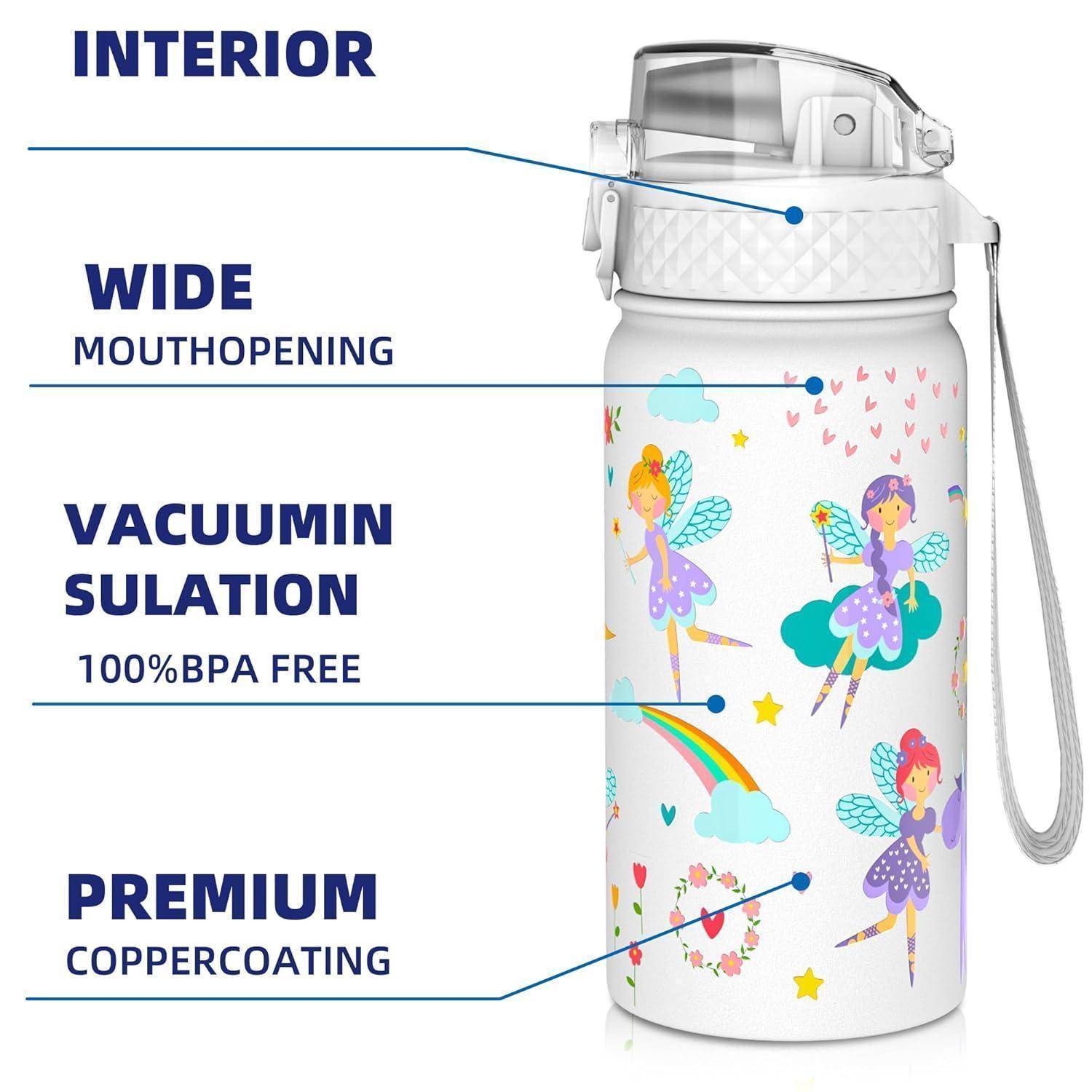 Wasserflasche mit Aufschrift 'INNEN Weite Öffnung', 'VAKUUMISOLIERUNG 100% BPA FREI', 'PREMIUM KUPFERBESCHICHTUNG', geschmückt mit Feenillustrationen.