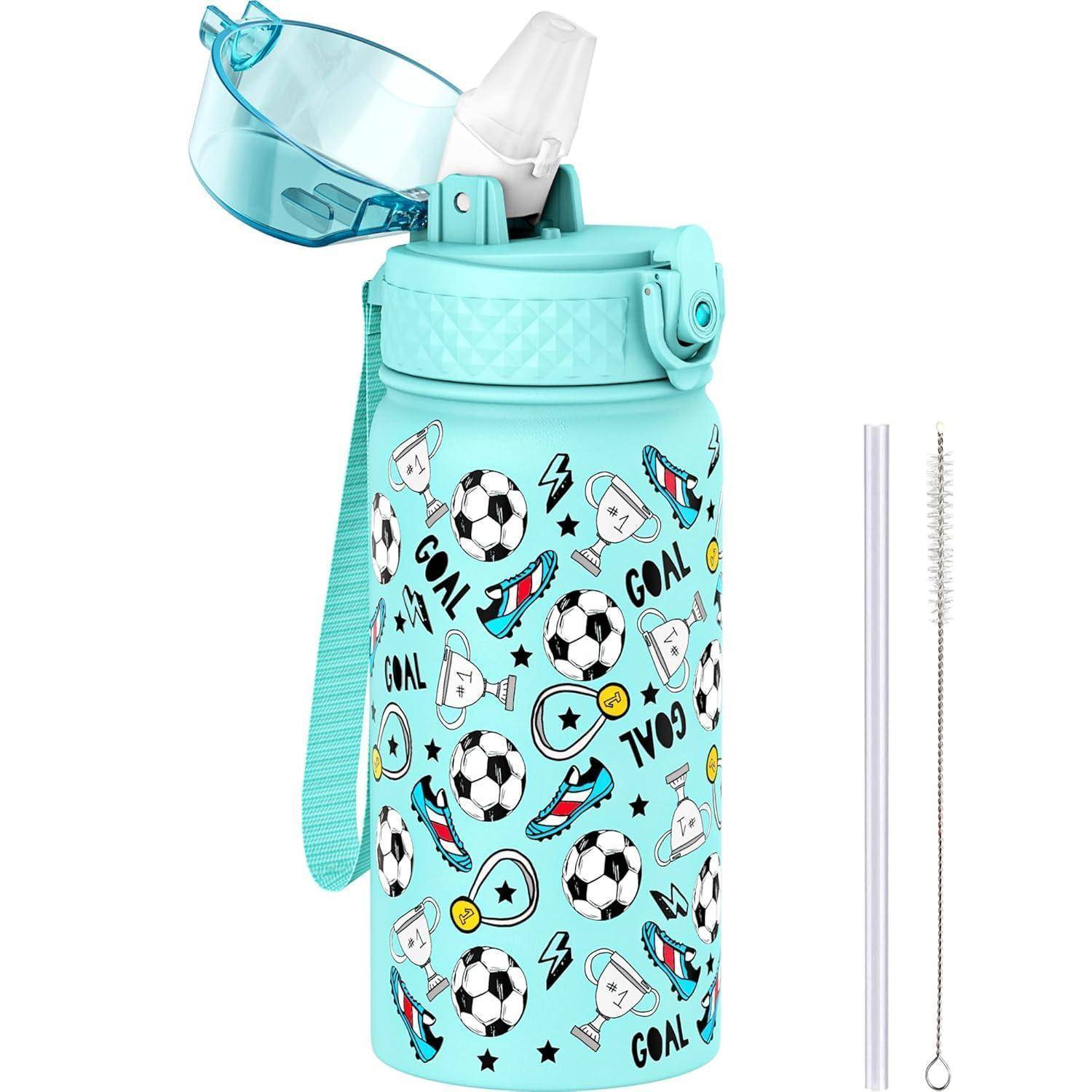 Trinkflasche Kinder Strohhalm Himmelblau Fußball 420ml 14oz