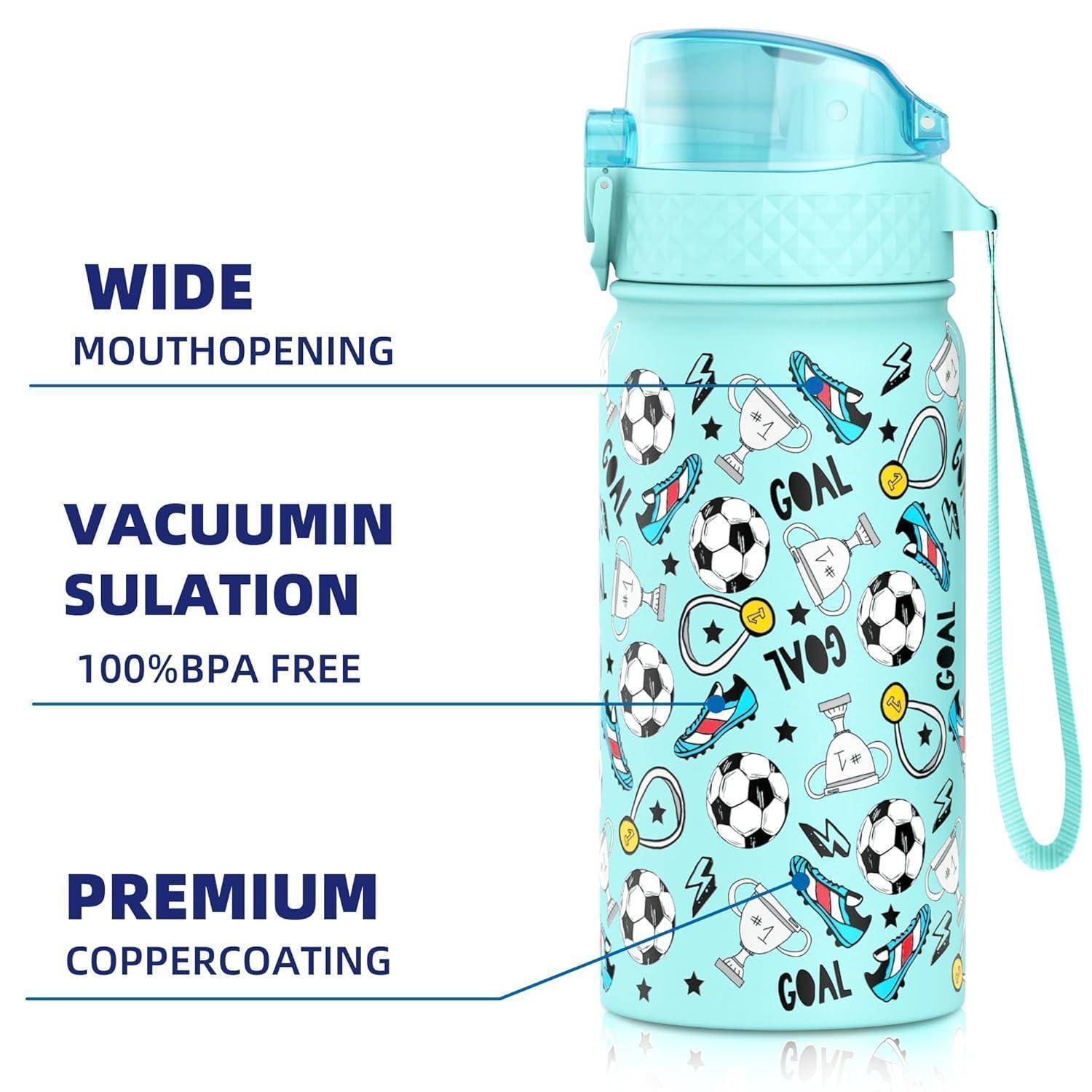 Trinkflasche Kinder Strohhalm Himmelblau Fußball 420ml 14oz