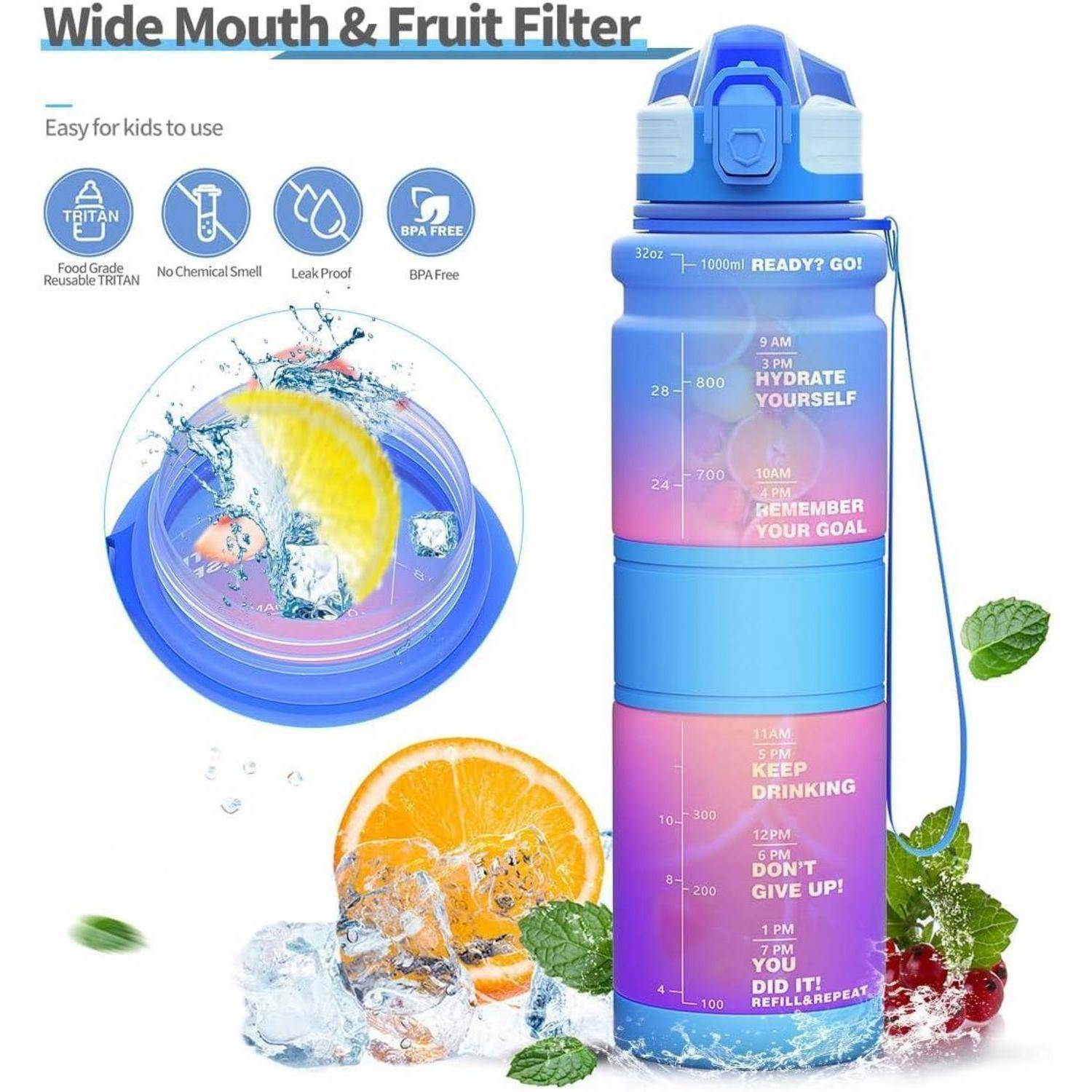 Eine blaue Wasserflasche mit Zeitmarkierungen von 8 Uhr morgens bis 17 Uhr, die zur Hydration ermutigt. Illustrierte Infusionswasser mit Früchten und Eiswürfeln.