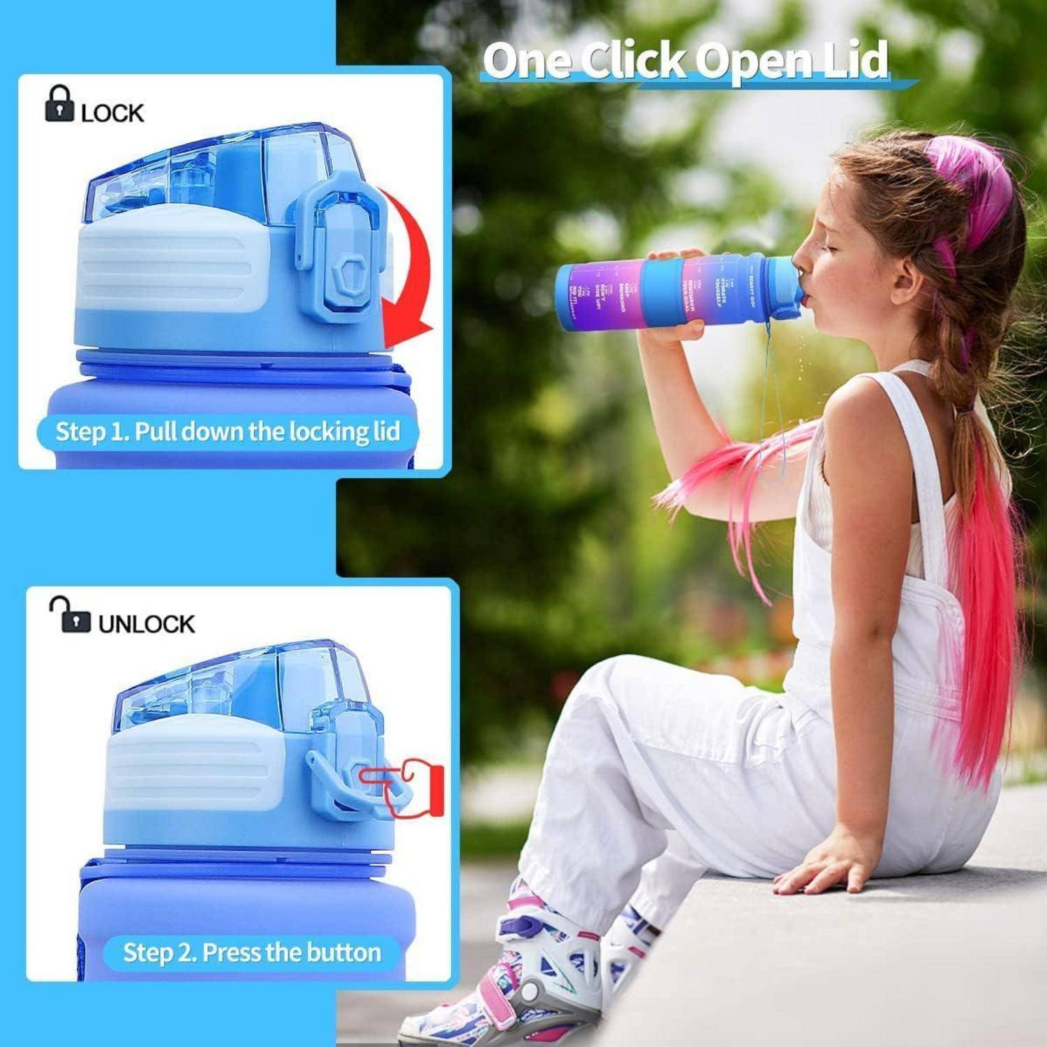 Ein Mädchen trinkt aus einer großen blauen Wasserflasche mit einem rosa Deckel. Einblendungen zeigen Anweisungen: 