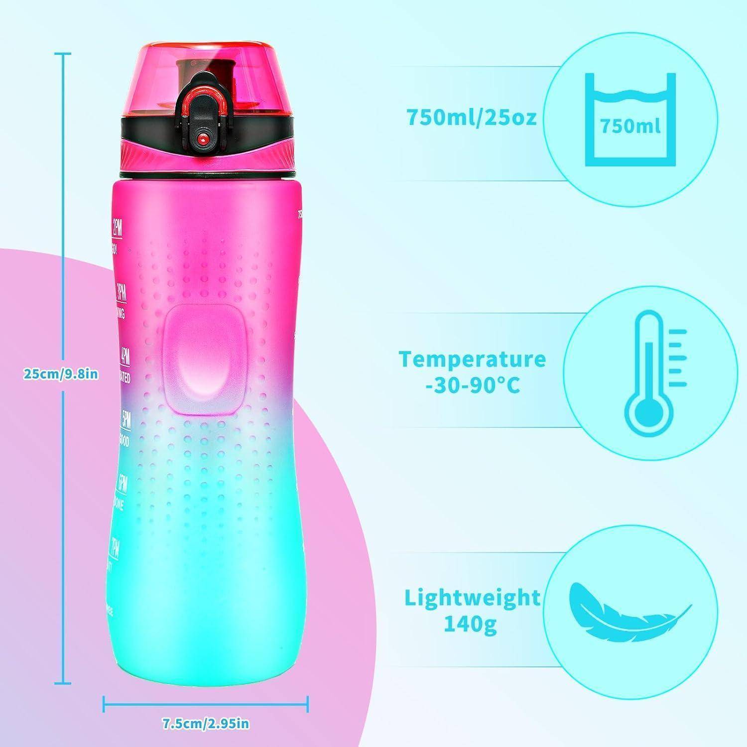 Eine rosa-blaue Wasserflasche mit Messangaben: 750 ml Fassungsvermögen, 25 cm Höhe, 7,5 cm Breite, leicht mit 140 g, und geeignet für -30 bis 90 °C.